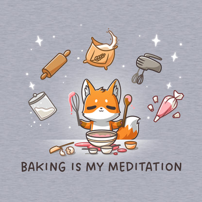 Classic Cotton T-shirt_TeeTurtle heather gray Baking Is My Meditation t-shirt featuring a peaceful fox in front of a bowl of batter holding baking tools with other baking tools floating around it in an arc.