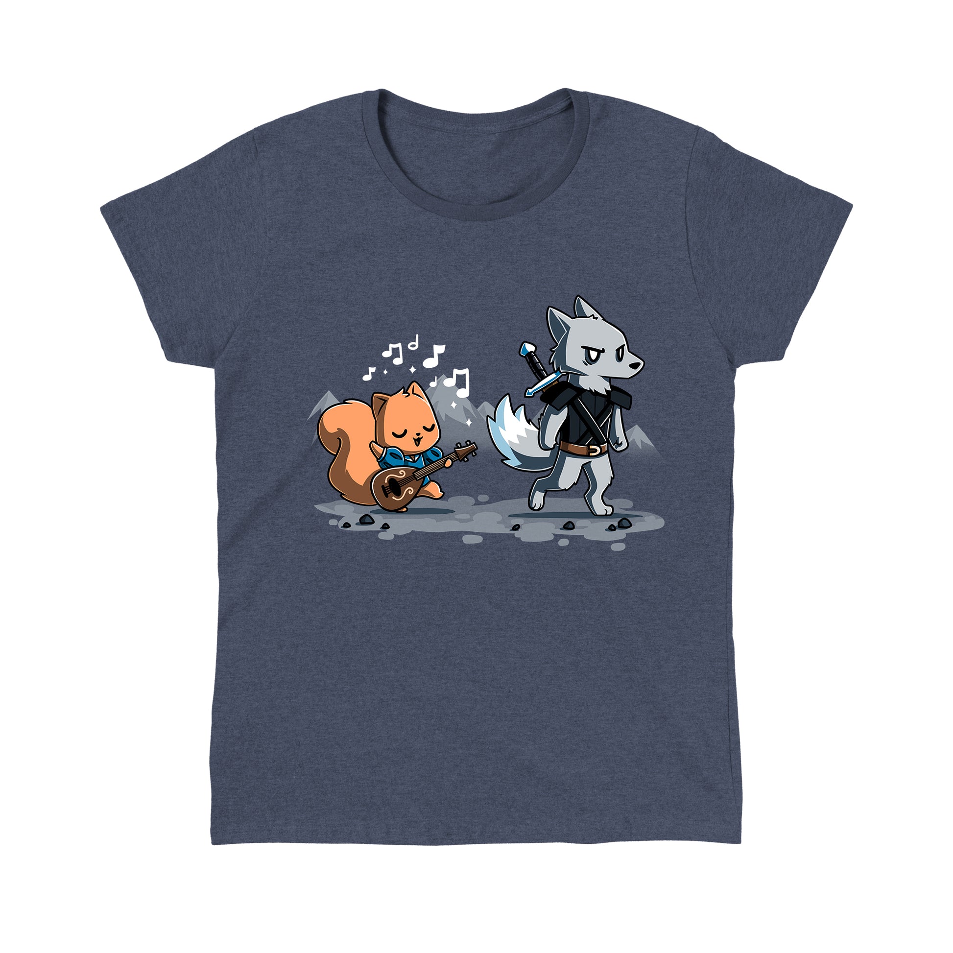 Classic Cotton T-shirt_Teeturtle Ballad of the Bard heather navy t-shirt featuring a squirrel playing a guitar with music notes around, while a wolf in armor holding a sword walks ahead in a mountain landscape. 