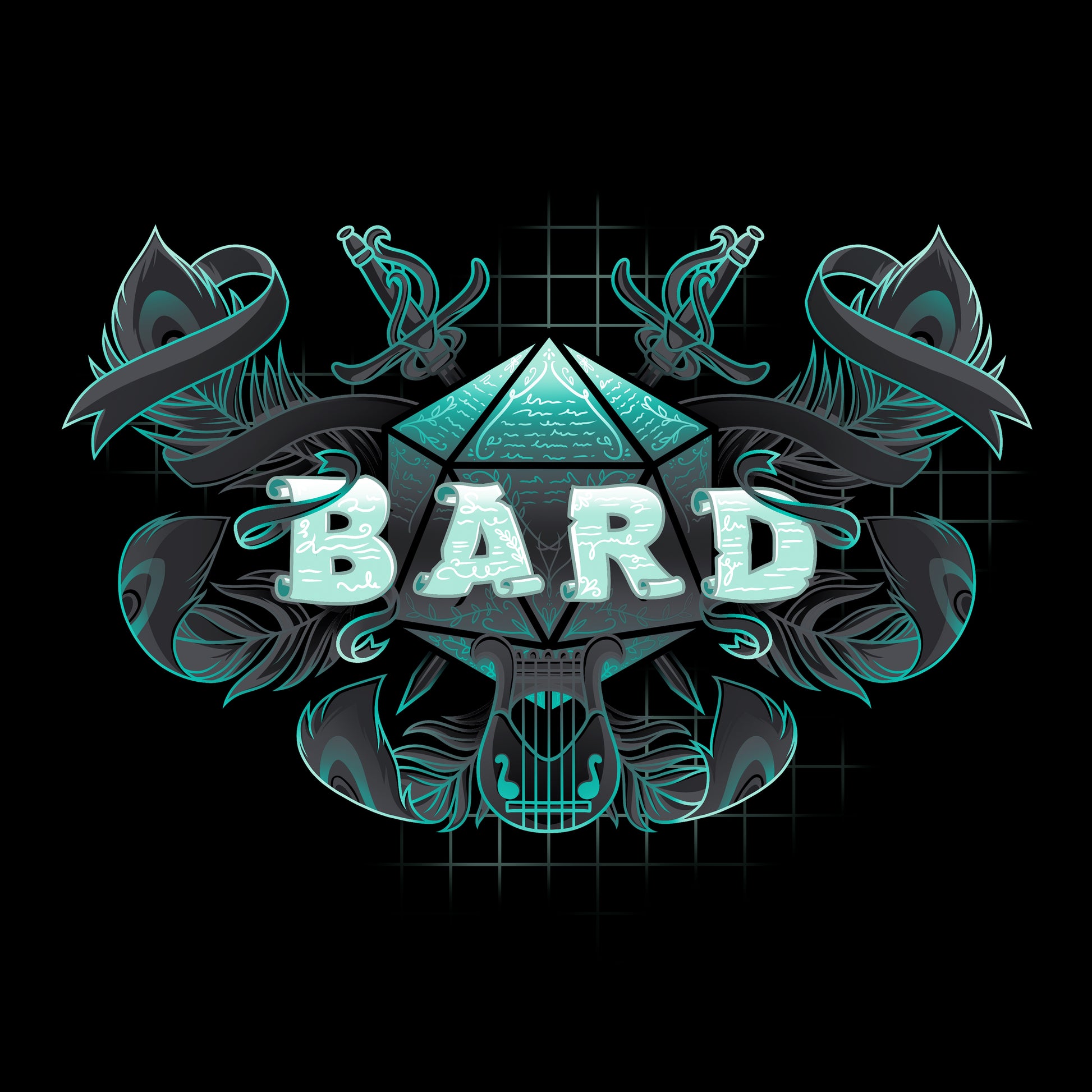Classic Cotton T-shirt_TeeTurtle black Bard Class apparel featuring the word 'BARD' in scroll font, with a D20, feathers, and a lyre around it.