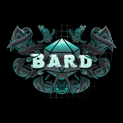 Classic Cotton T-shirt_TeeTurtle black Bard Class apparel featuring the word 'BARD' in scroll font, with a D20, feathers, and a lyre around it.