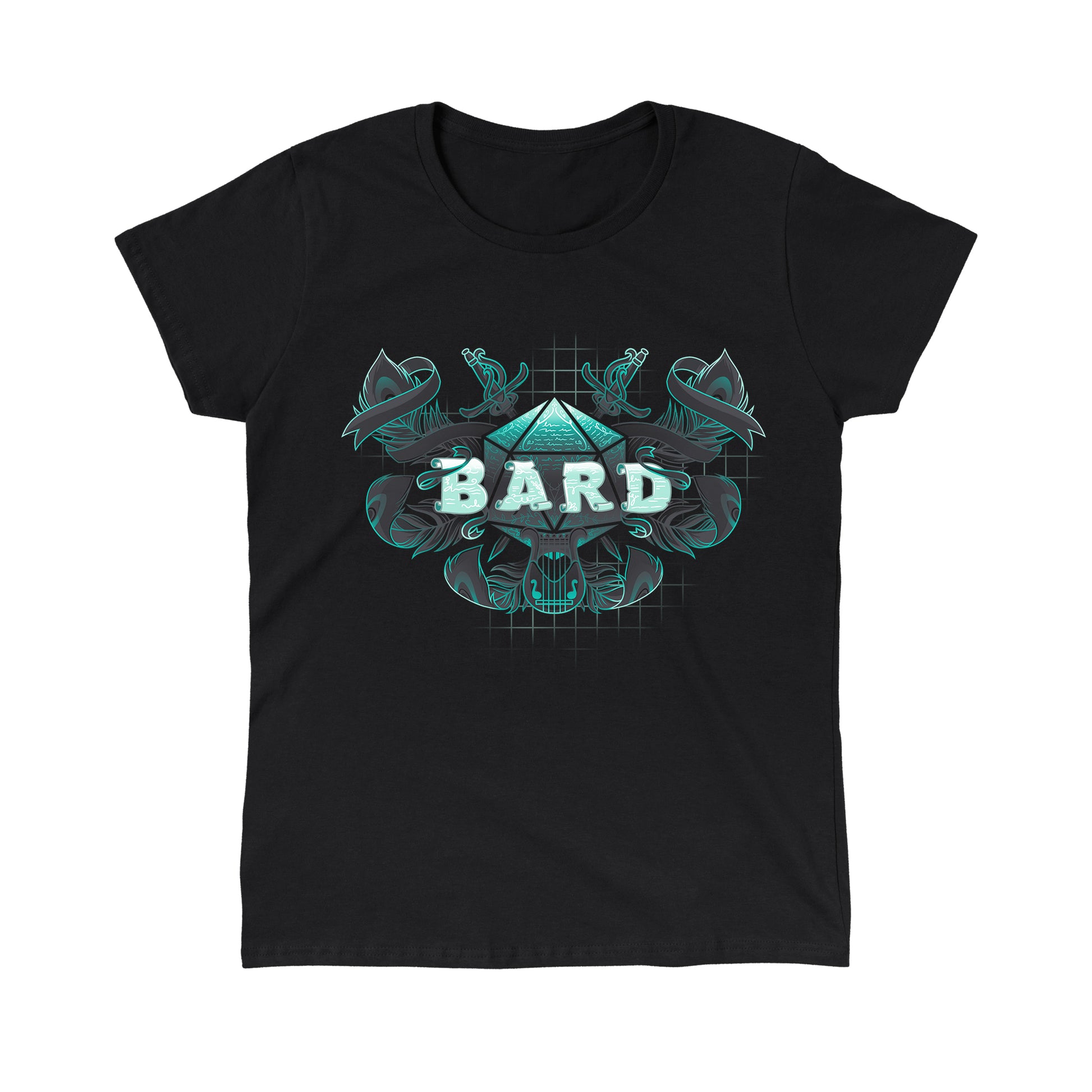 Classic Cotton T-shirt_TeeTurtle Bard Class black t-shirt featuring an artistic "Bard" word in front of a D20 device with swords going through and feathers around it and a lyre at the bottom.