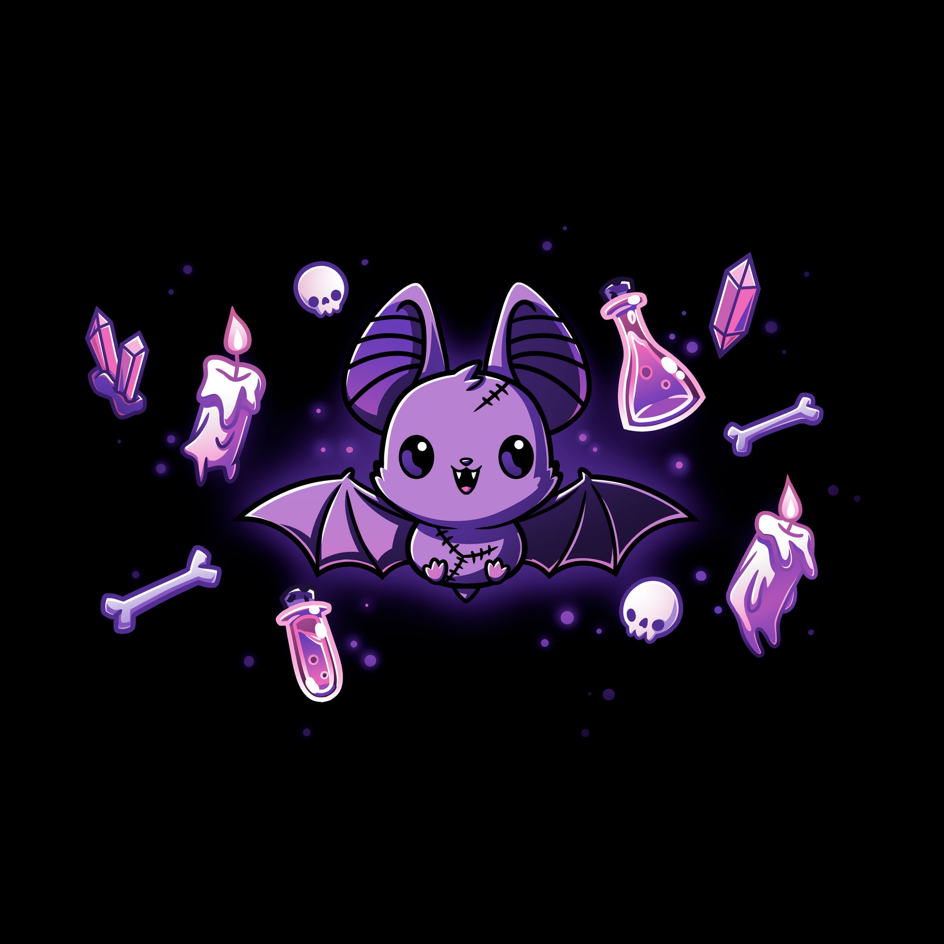 Classic Cotton T-shirt_TeeTurtle Bat & Baubles black t-shirt featuring a bat surrounded by glowing candles, bones, potion bottles, skulls, and crystals.