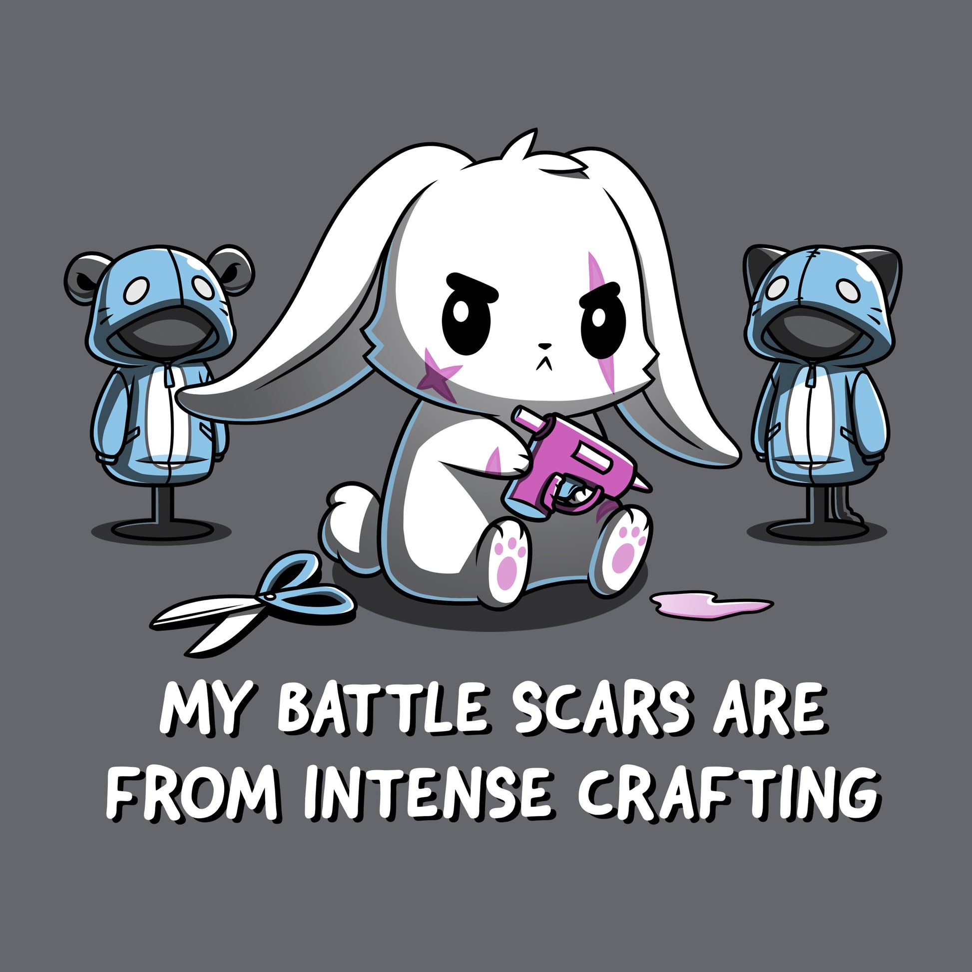 Classic Cotton T-shirt_TeeTurtle Battle Scars charcoal gray t-shirt featuring a determined cartoon rabbit holding a hot glue gun, surrounded by sewing supplies and mannequins, with the text "My battle scars are from intense crafting" below.