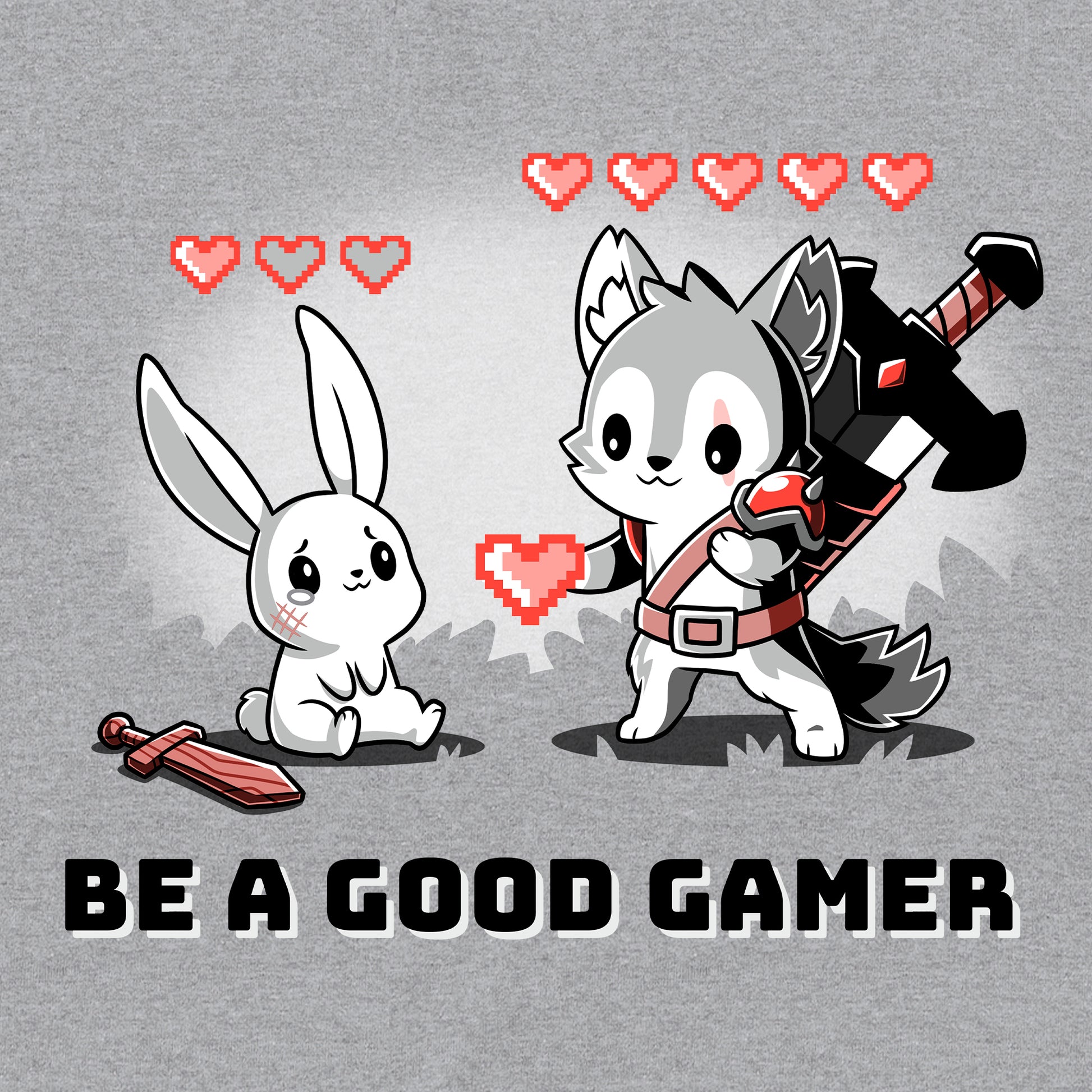 Classic Cotton T-shirt_TeeTurtle Be a Good Gamer heather gray t-shirt featuring a gray wolf character in armor with 5 life hearts above him offering a video game style life heart to an injured bunny who only has one life heart left sitting crying next to a sword. Text below reads, "BE A GOOD GAMER." 