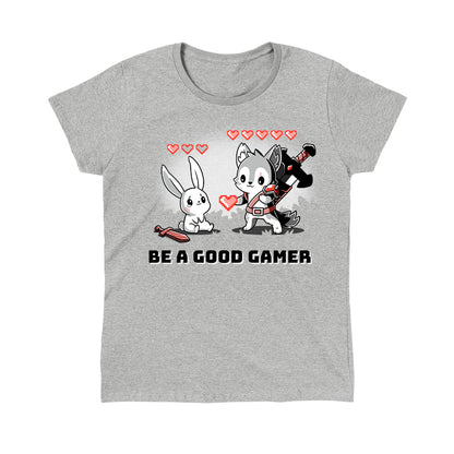 Classic Cotton T-shirt_TeeTurtle Be a Good Gamer heather gray t-shirt featuring a gray wolf character in armor with 5 life hearts above him offering a video game style life heart to an injured bunny who only has one life heart left sitting crying next to a sword. Text below reads, "BE A GOOD GAMER." 