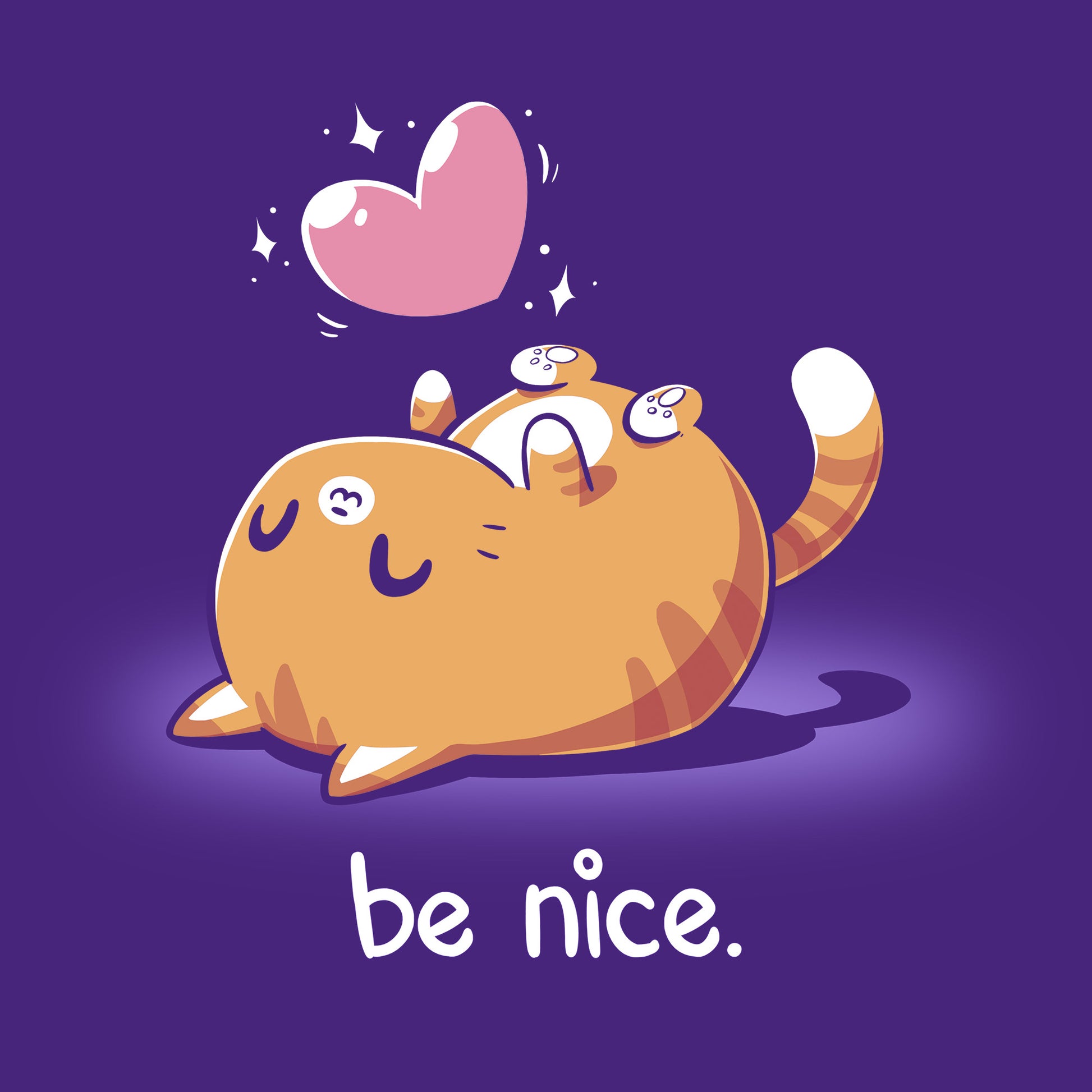 Classic Cotton T-shirt_Teeturtle Be Nice Purple Featuring a happy cat laying on its back with a sparkling heart above it and the words 'be nice.' below.