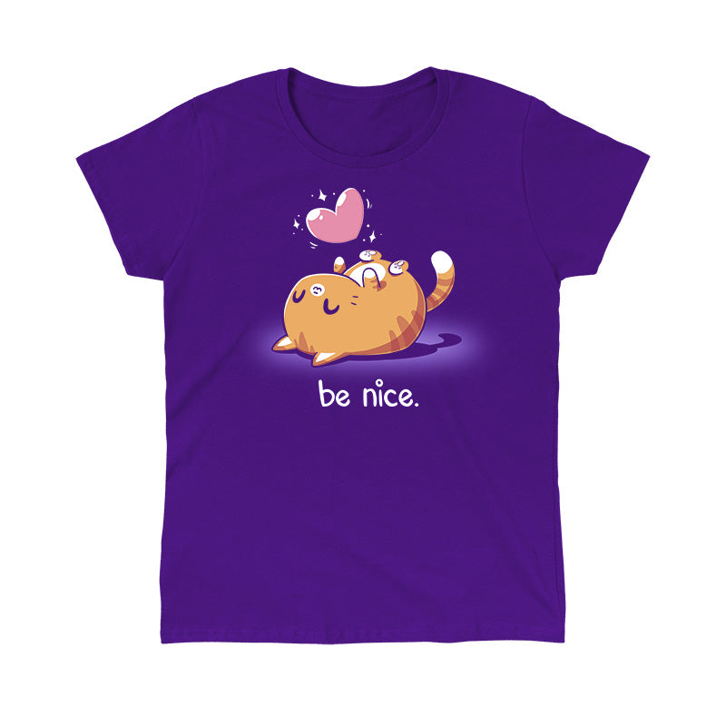 Classic Cotton T-shirt_Teeturtle Be Nice Purple Featuring a happy cat laying on its back with a sparkling heart above it and the words 'be nice.' below.