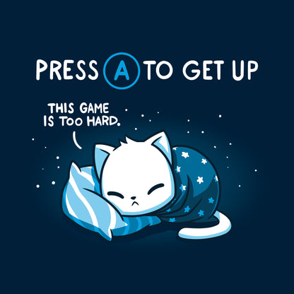 Crew Neck Sweatshirt_TeeTurtle navy blue Bedtime Lag featuring featuring a sleepy cat wrapped in a blanket laying on a pillow with the words "Press A To Get Up" and "This Game is Too Hard.".