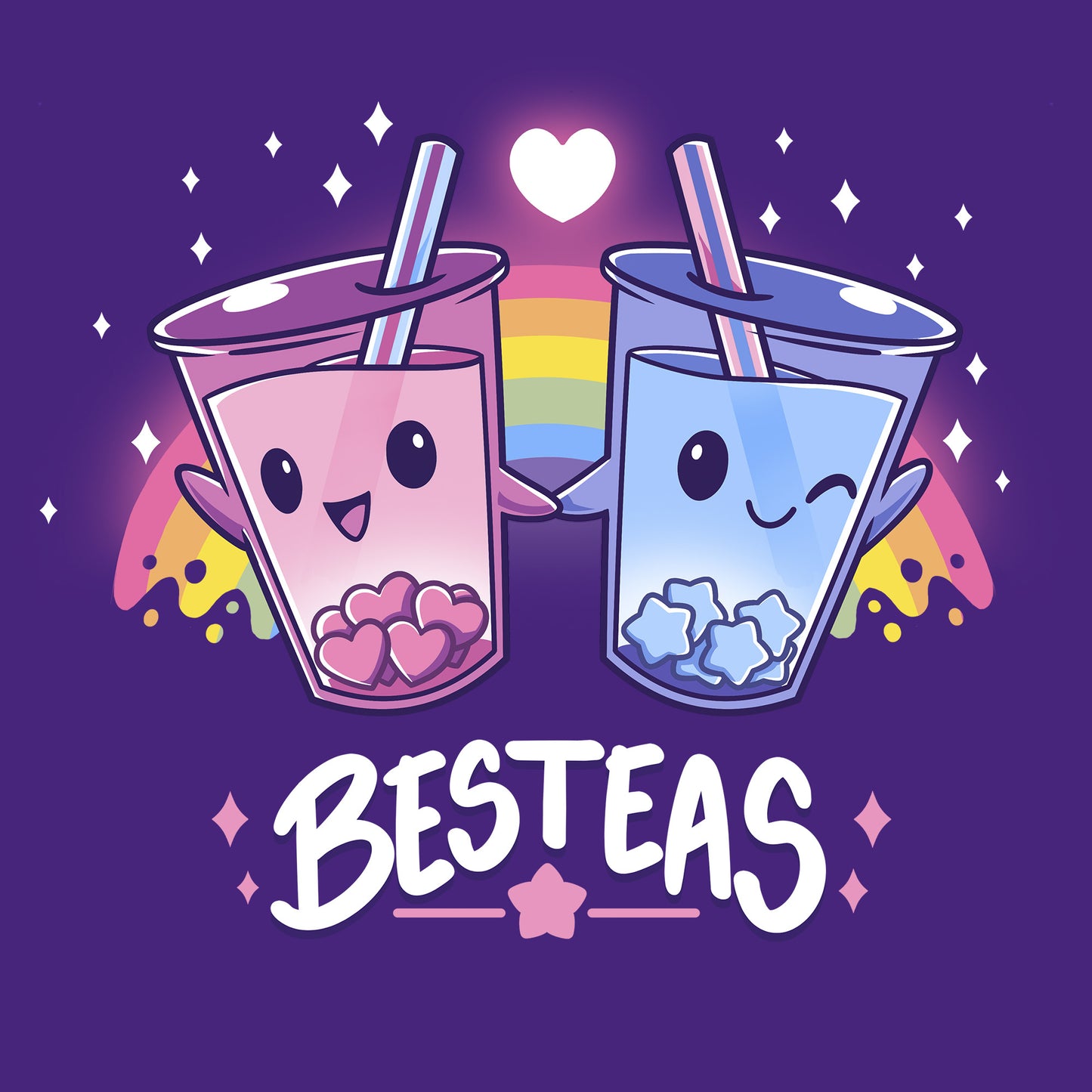 Classic Cotton T-shirt_TeeTurtle Besteas purple t-shirt featuring two bubble tea cups with happy faces, holding hands, and surrounded by stars, with a rainbow in the background.