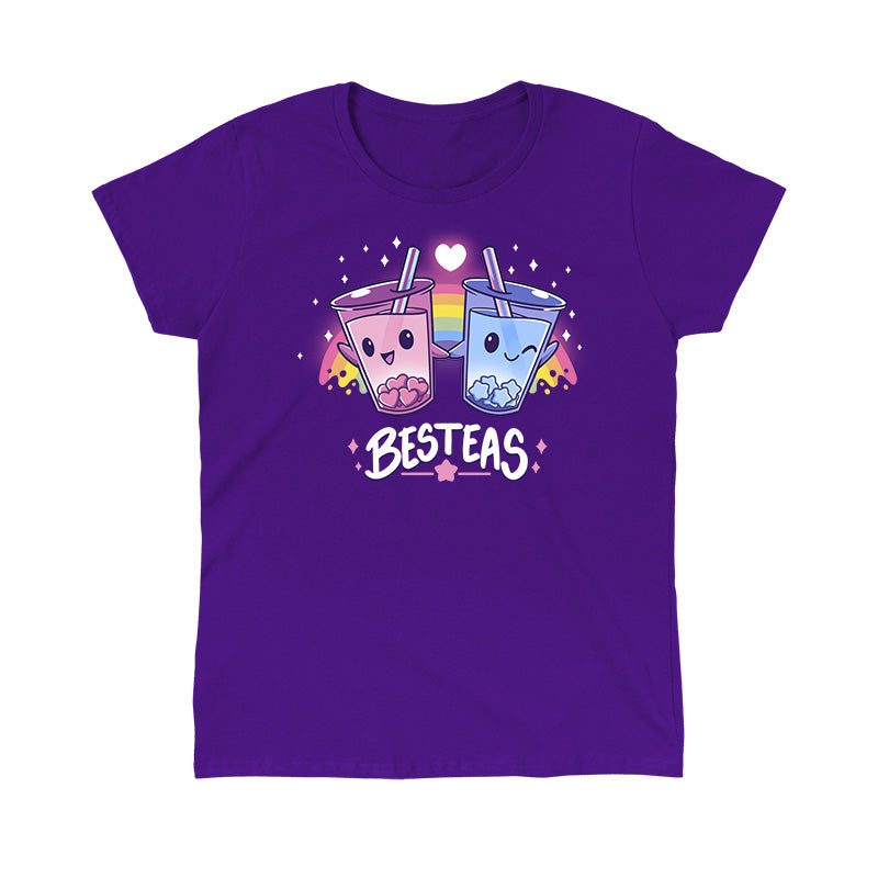 Classic Cotton T-shirt_TeeTurtle Besteas purple t-shirt featuring two bubble tea cups with happy faces, holding hands, and surrounded by stars, with a rainbow in the background.