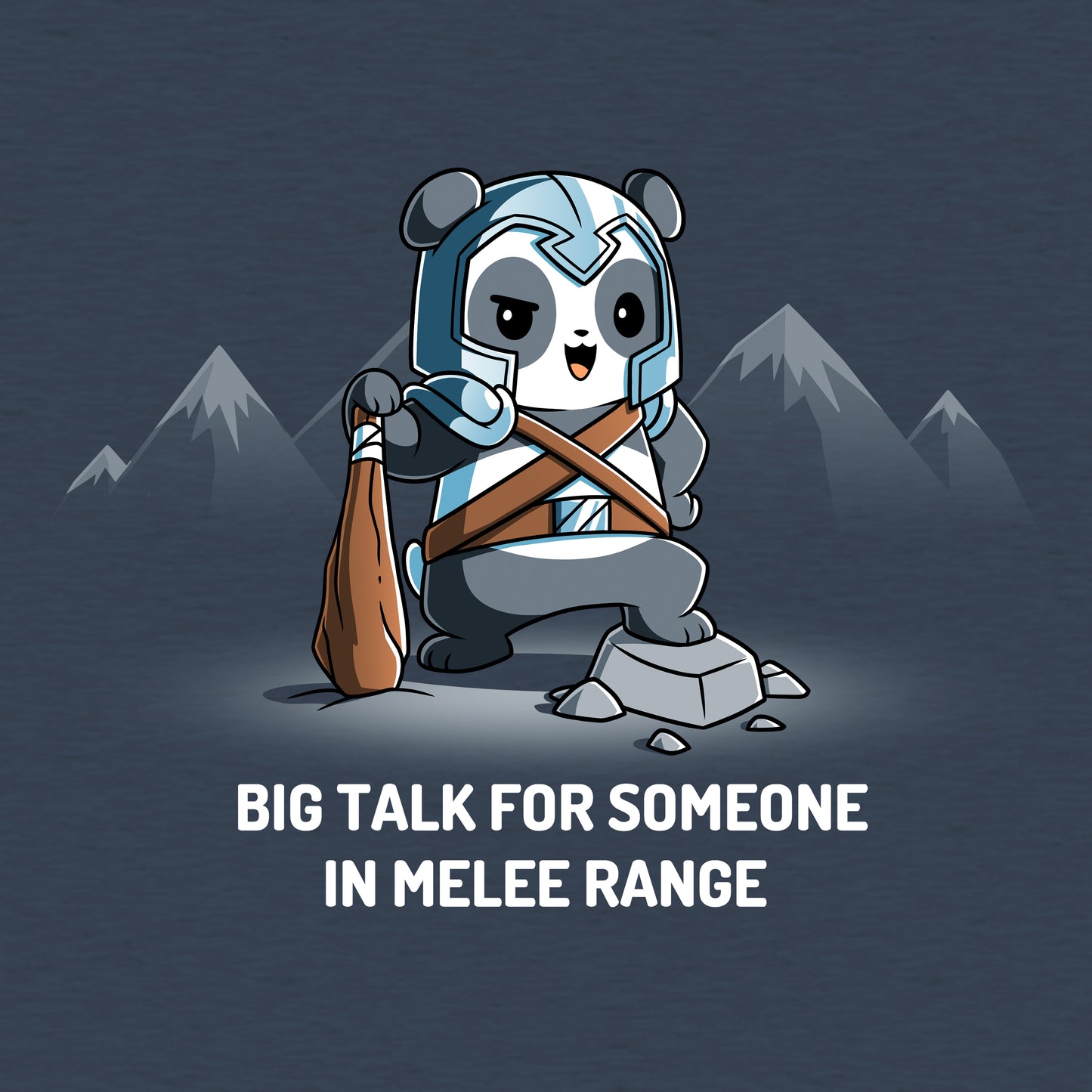 Classic Cotton T-shirt_TeeTurtle Big Talk For Someone In Melee Range heather navy t-shirt featuring a panda dressed in armor, striking a pose and holding a wooden club.
