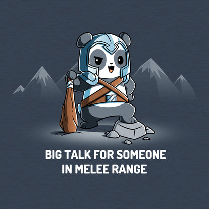 Classic Cotton T-shirt_TeeTurtle Big Talk For Someone In Melee Range heather navy t-shirt featuring a panda dressed in armor, striking a pose and holding a wooden club.
