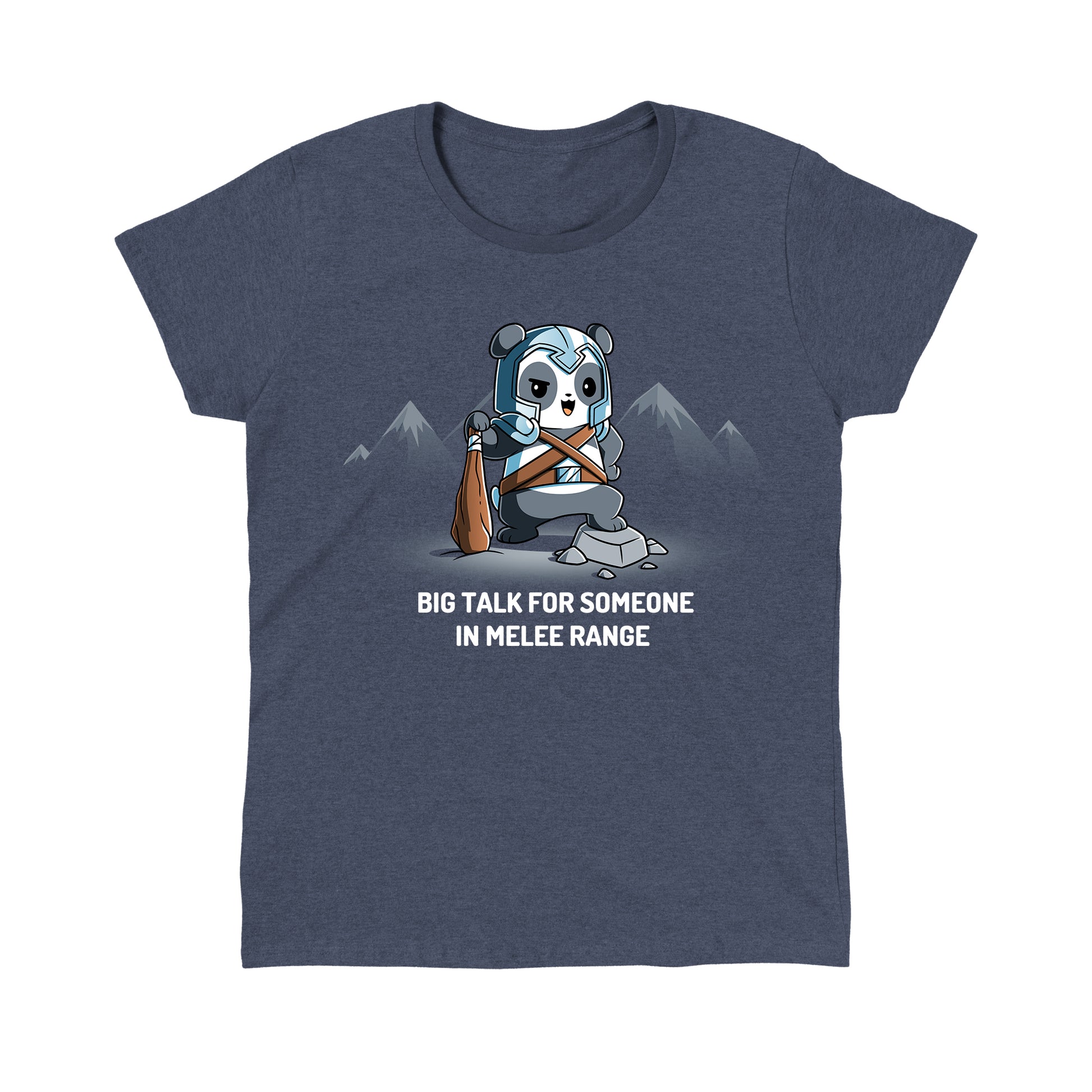 Classic Cotton T-shirt_TeeTurtle Big Talk For Someone In Melee Range heather navy t-shirt featuring a panda dressed in armor, striking a pose and holding a wooden club.
