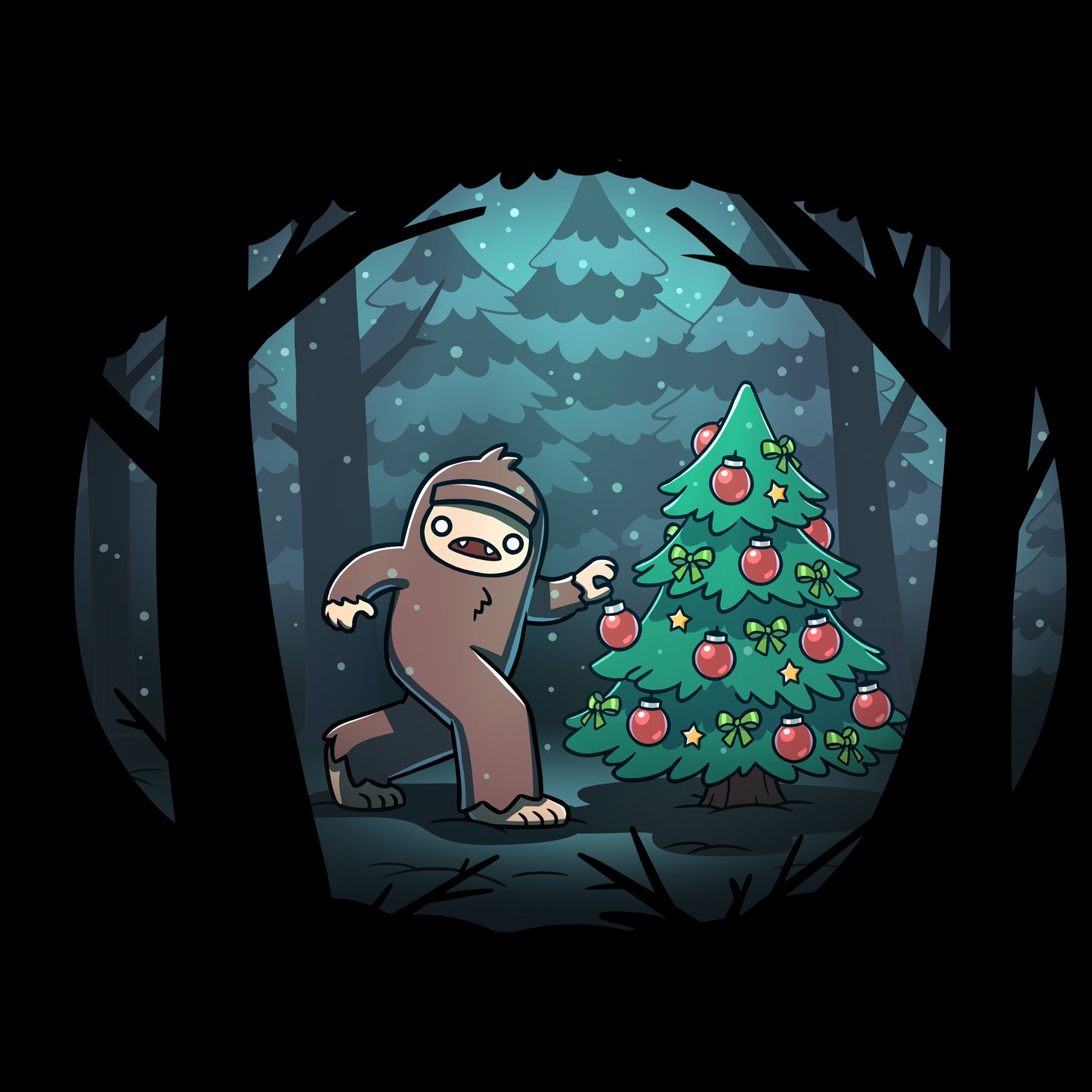 Crew Neck Sweatshirt_TeeTurtle black Bigfoot Christmas apparel featuring a sasquatch caught putting holiday decor on a tree in the middle of a snowy forest.