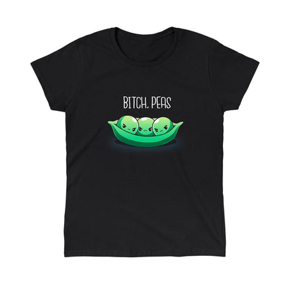 Classic Cotton T-shirt_TeeTurtle Bitch, Peas black t-shirt featuring three peas with angry expressions in a pea pod against a black background. Text above them reads, "BITCH, PEAS."