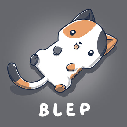 Classic Cotton T-shirt_TeeTurtle Blep Kitty Charcoal Gray t-shirt featuring an illustration of a white and orange cat laying on its back with its tongue sticking out. The word "BLEP" is written below the image.