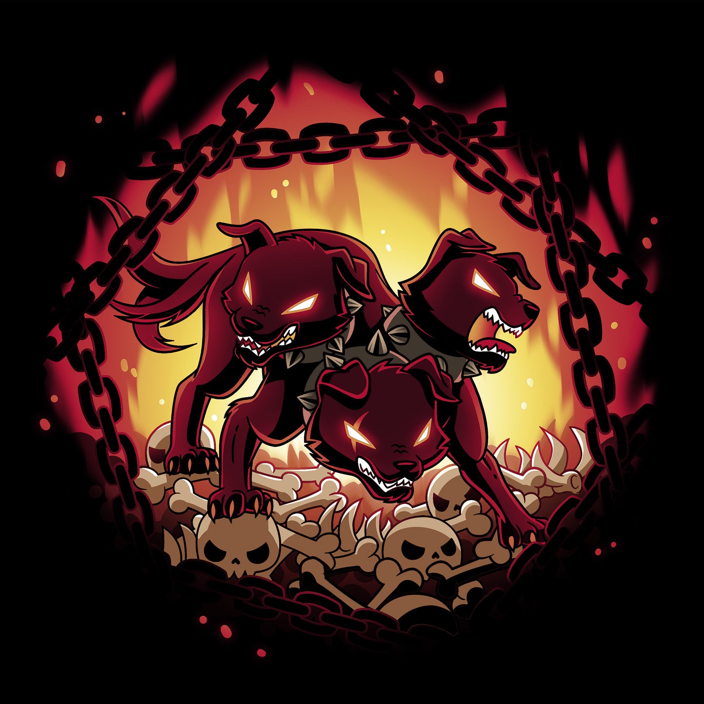 Classic Cotton T-shirt_TeeTurtle Bloodthirsty Cerberus black t-shirt featuring the red three-headed dog Cerberus looking angry wearing spikey collars and standing on top of bones and skulls surrounded by chains and flames.