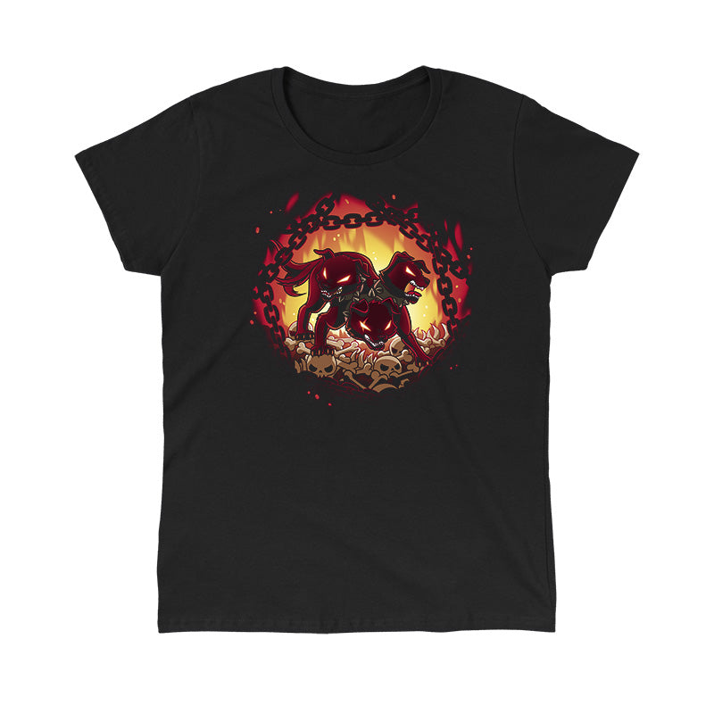 Classic Cotton T-shirt_TeeTurtle Bloodthirsty Cerberus black t-shirt featuring the red three-headed dog Cerberus looking angry wearing spikey collars and standing on top of bones and skulls surrounded by chains and flames.