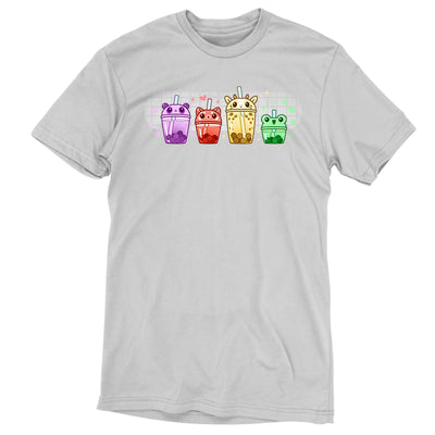 Premium Cotton T-shirt_TeeTurtle silver gray Boba Buddies apparel featuring boba tumblers with animal-themed lids in the order of a purple-colored panda, red-colored red panda, yellow-colored giraffe, and green-colored frog with boba in the same respective colors.