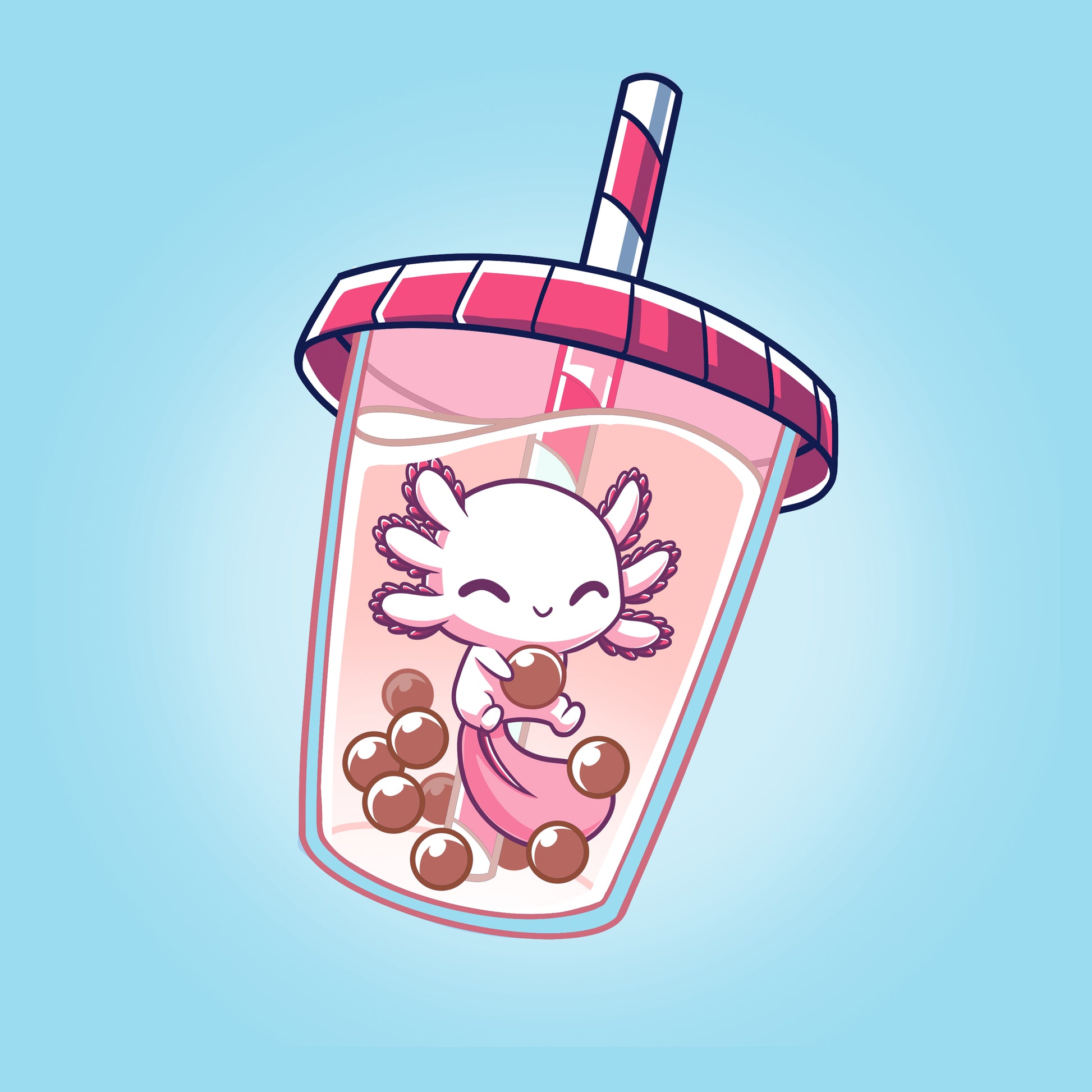 Classic Cotton T-shirt_TeeTurtle Boba Axolotl light blue t-shirt featuring an illustration of a white axolotl with a pink-shaded tail fin looking happy swimming amidst a cluster of brown tapioca pearls inside a boba drink with a pink lid on the cup and pink and white straw in the cup.