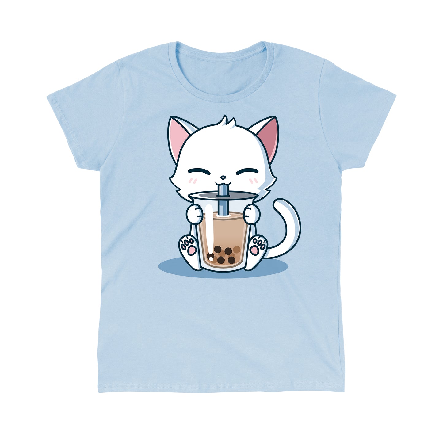 Classic Cotton T-shirt_TeeTurtle Boba Cat light blue t-shirt featuring a white cat contently sipping a brown boba drink. 