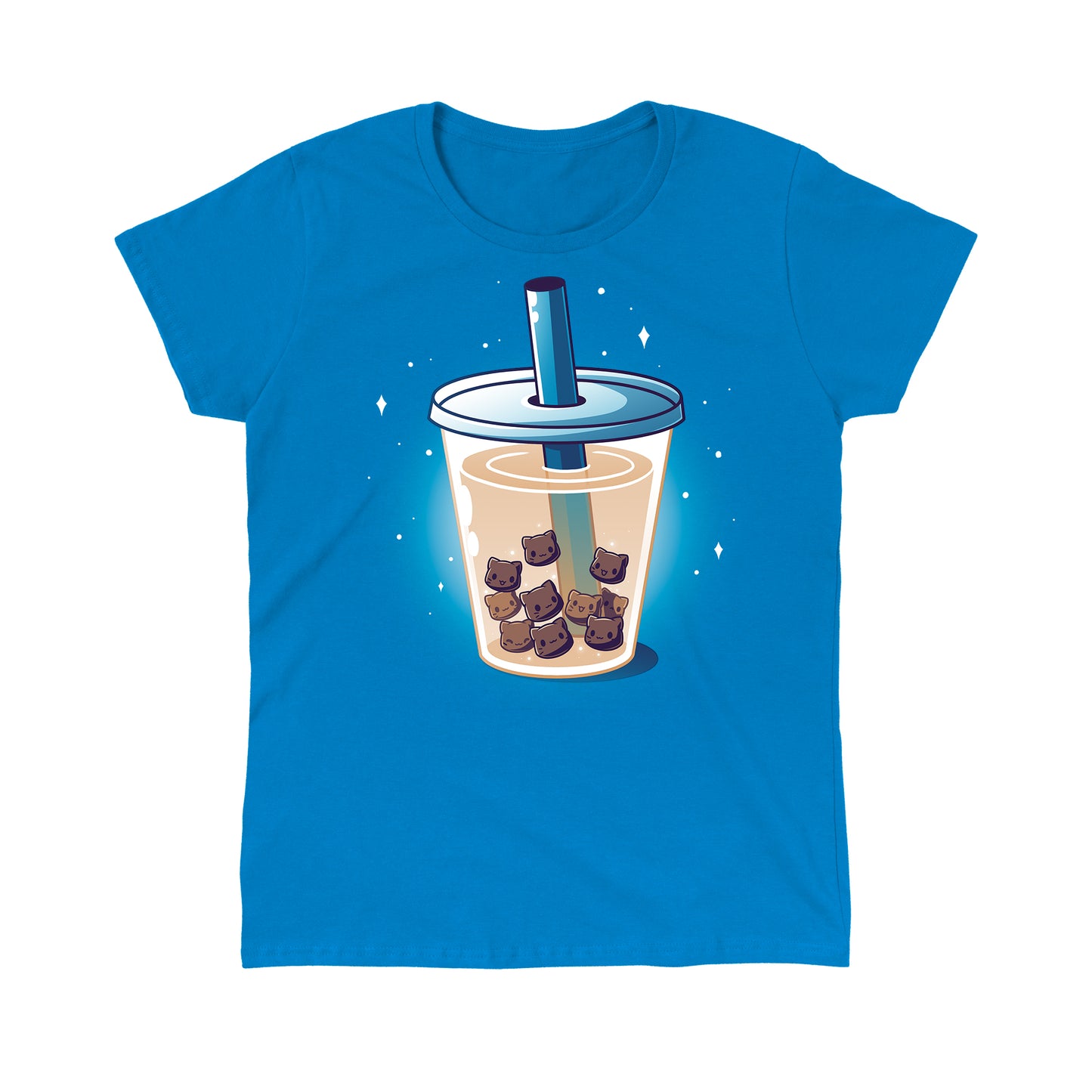 Classic Cotton T-shirt_Teeturtle Boba Kitties sapphire blue t-shirt featuring a cup of Boba Tea but with the Boba Pearls replaced with cute little cartoon kitten heads.