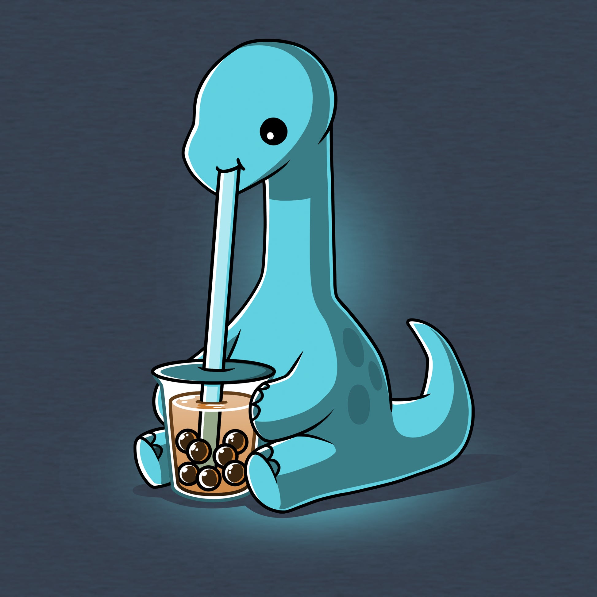 Classic Cotton T-shirt_TeeTurtle Boba Dinosaur Heather Navy t-shirt featuring a cartoon dinosaur sipping bubble tea through a large straw. The dinosaur is blue with a long neck and tail, seated against a dark background. 