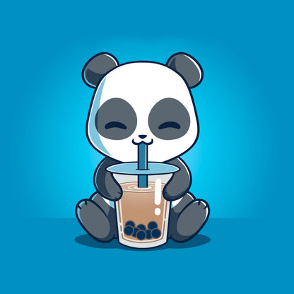 Classic Cotton T-shirt_TeeTurtle Boba Panda sapphire blue t-shirt featuring a panda sitting and happily drinking bubble tea with a straw from a large cup.