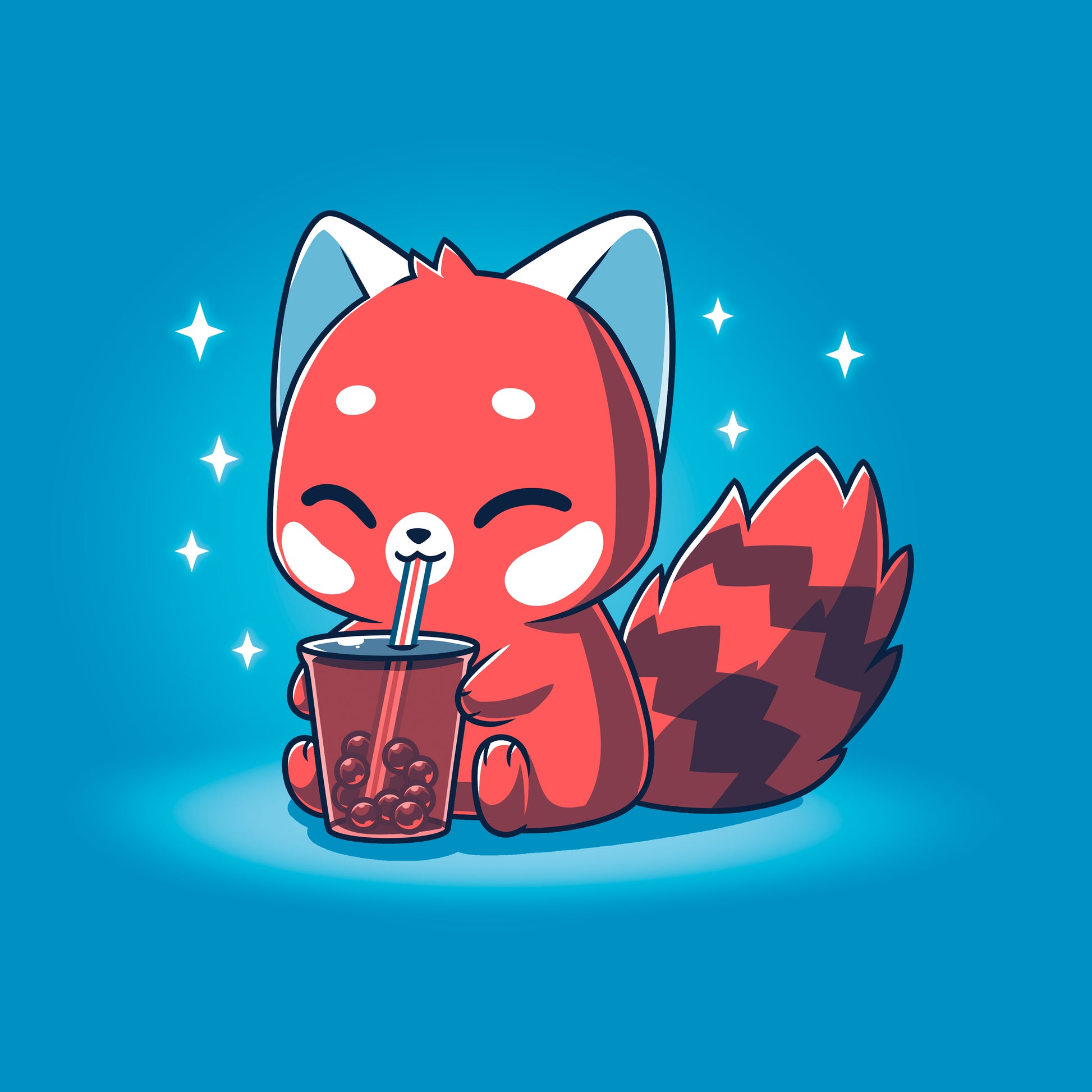 Classic Cotton T-shirt_TeeTurtle Boba Red Panda Sapphire Blue t-shirt featuring a cute red panda cartoon happily drinking bubble tea with a straw against a blue background with sparkles.