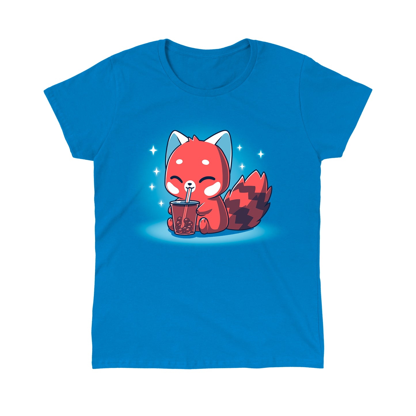 Classic Cotton T-shirt_TeeTurtle Boba Red Panda Sapphire Blue t-shirt featuring a cute red panda cartoon happily drinking bubble tea with a straw against a blue background with sparkles.