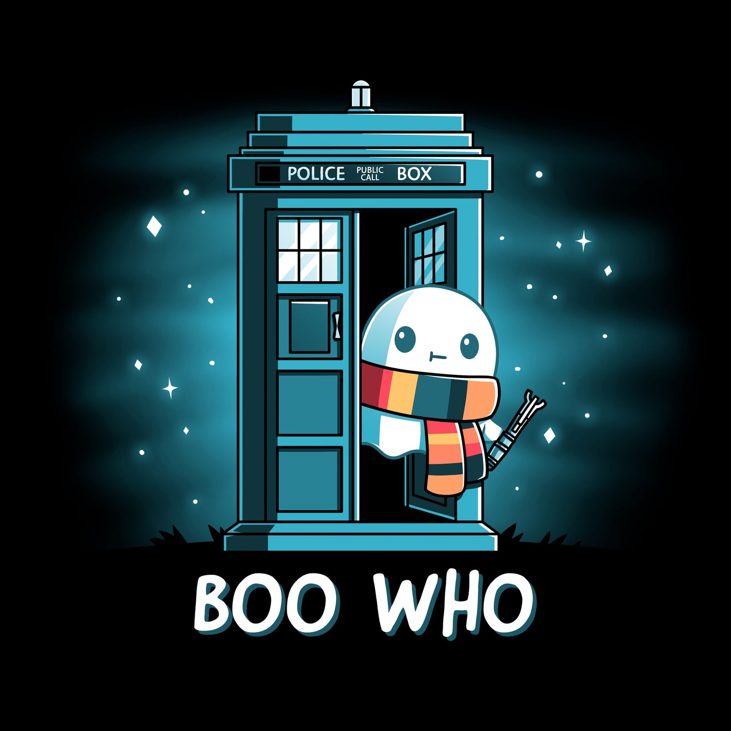 Long Sleeve T-shirt_TeeTurtle black Boo Who. Featuring a ghost wearing a scarf and holding a tool coming out of a phone booth.