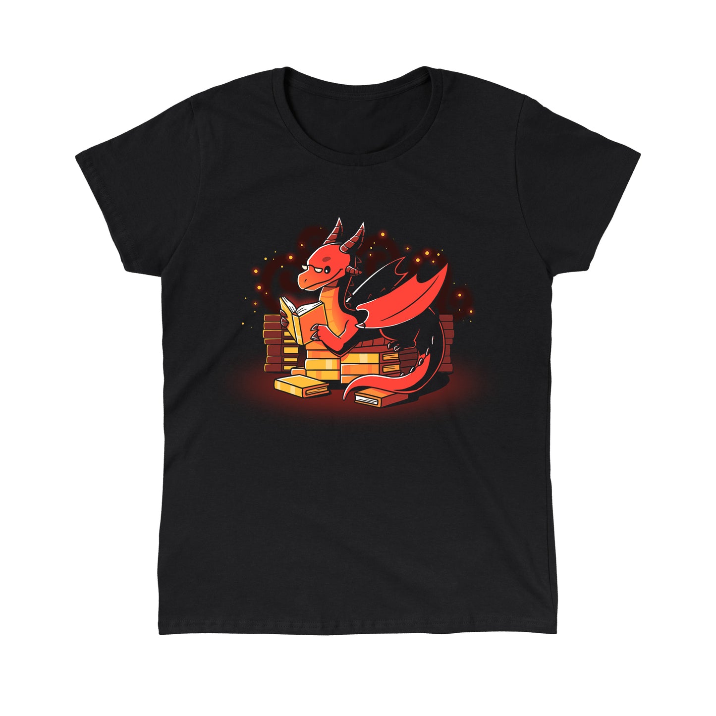 Classic Cotton T-shirt _TeeTurtle Book Hoarder black t-shirt featuring a red dragon with horns and wings, reading a book while sitting among piles of books against a dark background with glowing embers.