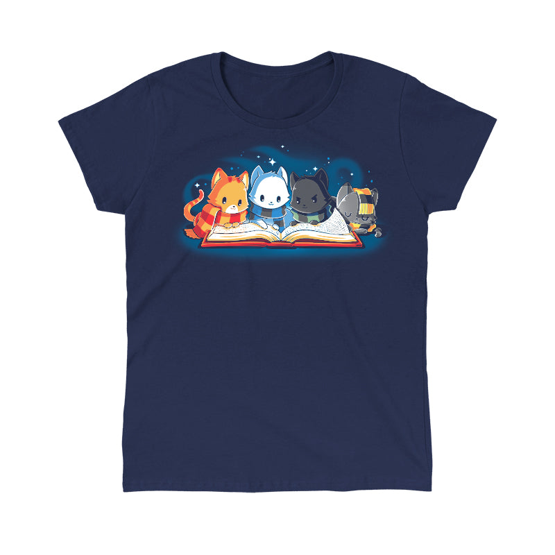 Classic Cotton T-shirt_TeeTurtle navy blue Books Are Magic. Featuring a cat with a red and yellow scarf, a cat with a blue and black scarf, a cat with a green and black scarf, and a cat with a yellow and black scarf reading the same book together.