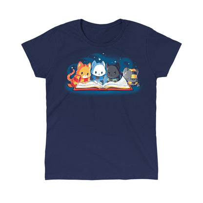 Classic Cotton T-shirt_TeeTurtle navy blue Books Are Magic. Featuring a cat with a red and yellow scarf, a cat with a blue and black scarf, a cat with a green and black scarf, and a cat with a yellow and black scarf reading the same book together.