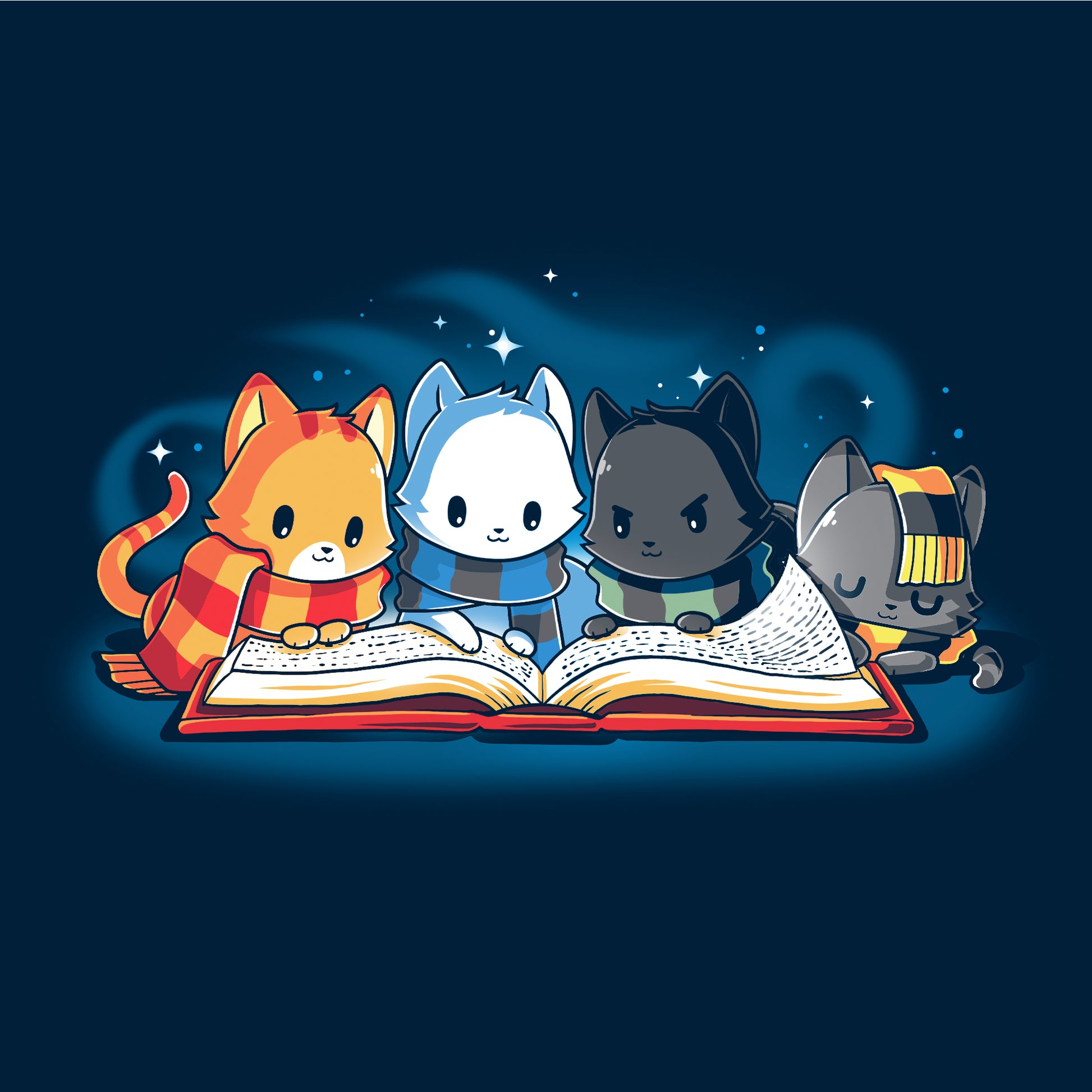 Classic Cotton T-shirt_TeeTurtle navy blue Books Are Magic. Featuring a cat with a red and yellow scarf, a cat with a blue and black scarf, a cat with a green and black scarf, and a cat with a yellow and black scarf reading the same book together.