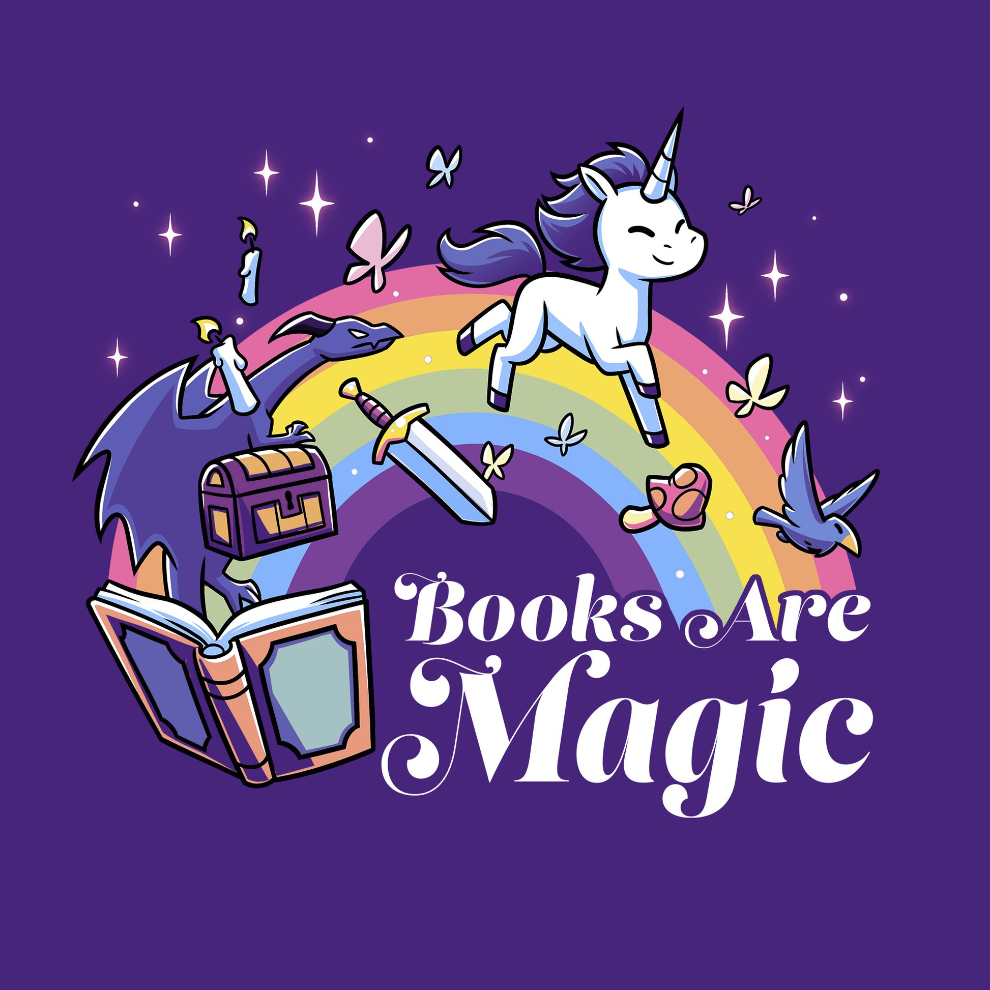 Classic Cotton T-shirt_TeeTurtle Books Are Magic(Unicorn) purple t-shirt featuring a flying unicorn, open book, rainbow, treasure chest, sword, and birds.