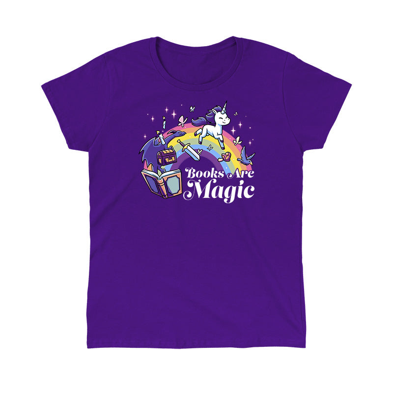 Classic Cotton T-shirt_TeeTurtle Books Are Magic(Unicorn) purple t-shirt featuring a flying unicorn, open book, rainbow, treasure chest, sword, and birds.