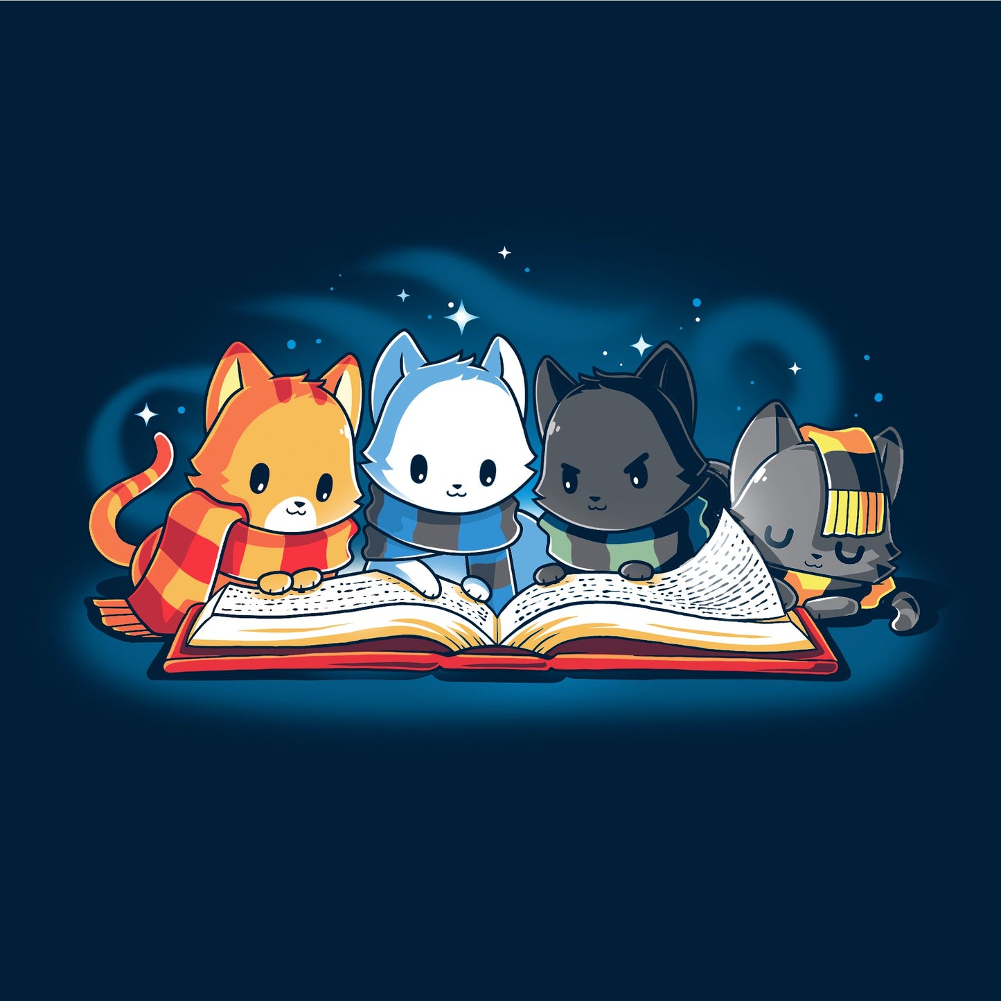 Pullover Hoodie_TeeTurtle navy blue Books Are Magic. Featuring a cat with a red and yellow scarf, a cat with a blue and black scarf, a cat with a green and black scarf, and a cat with a yellow and black scarf reading the same book together.