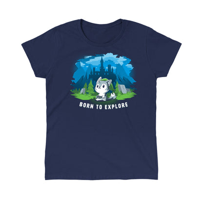 Classic Cotton T-shirt_TeeTurtle navy blue Born to Explore. Featuring a wolf in a video game cosplay outfit playing a video game with a fantasy background.