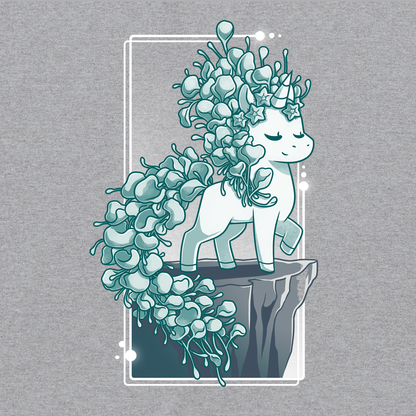 Long Sleeve T-shirt_TeeTurtle heather gray Botanicorn apparel featuring a magical unicorn with a mane and tail made out of the plant silver falls, or silver nickel vine, standing elegantly with a hoof raised on a cliff.