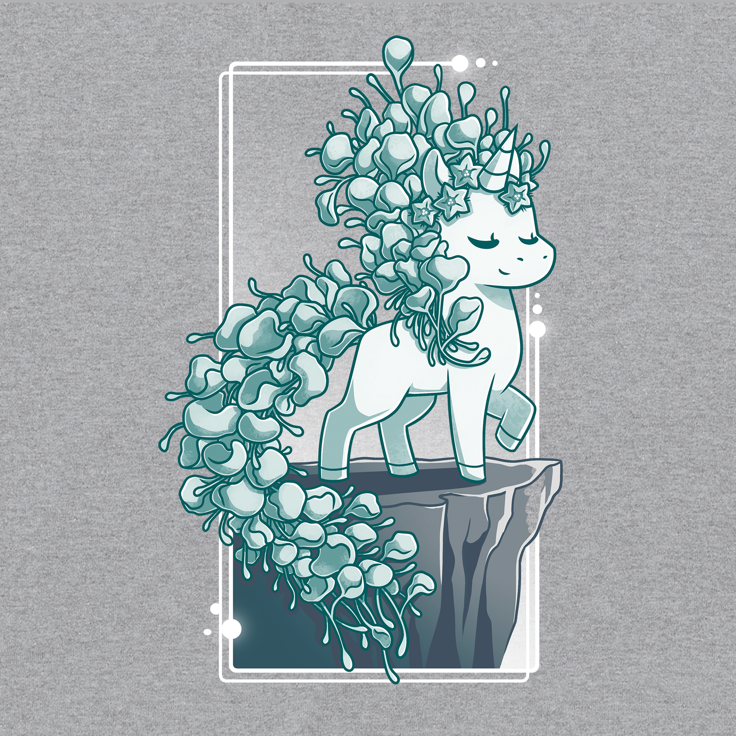 Crew Neck Sweatshirt_TeeTurtle heather gray Botanicorn apparel featuring a magical unicorn with a mane and tail made out of the plant silver falls, or silver nickel vine, standing elegantly with a hoof raised on a cliff.