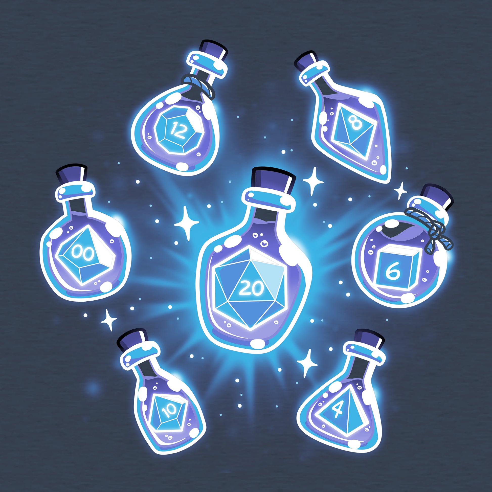 Classic Cotton T-shirt_TeeTurtle heather navy Bottled Dice t-shirt featuring a set of dice in potion bottles.