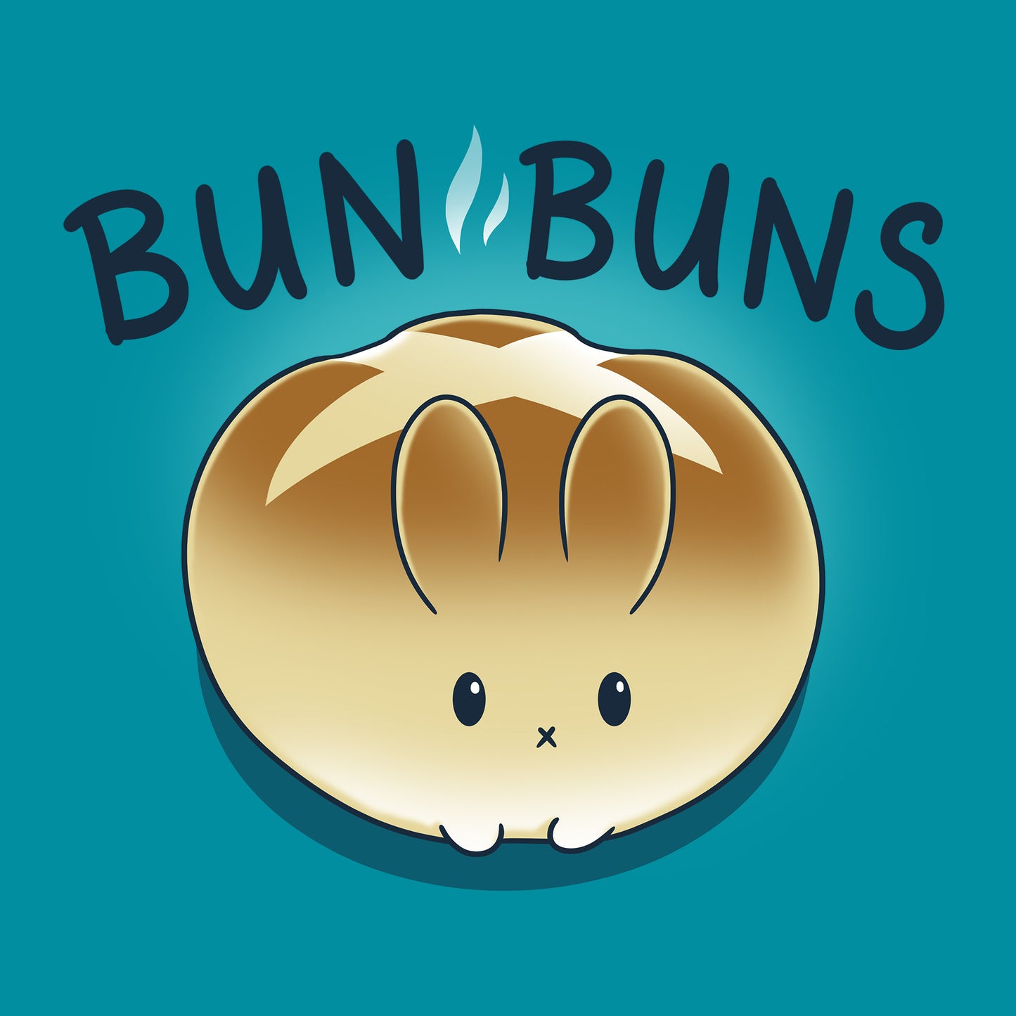 Classic Cotton T-shirt_TeeTurtle Bun Buns tropical blue t-shirt featuring a round, golden-brown bread bun with a cute bunny face and ears, set against a teal background with the text "BUN BUNS" above it.