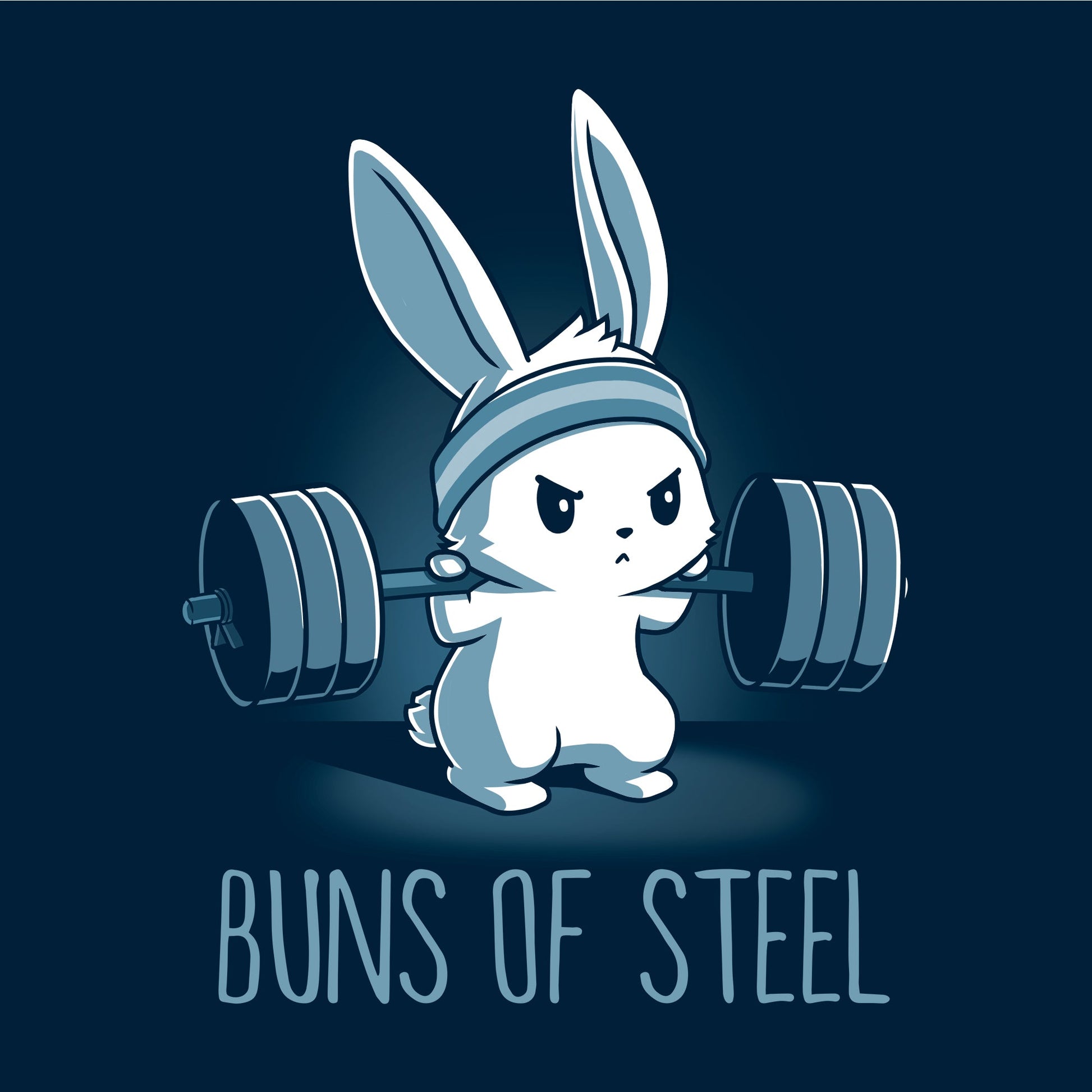 Classic Cotton T-shirt_Illustration of a determined cartoon bunny wearing a headband and lifting a heavy barbell, with the caption "Buns of Steel" below. Printed on a super soft ringspun cotton navy blue apparel, the Buns of Steel by monsterdigital.