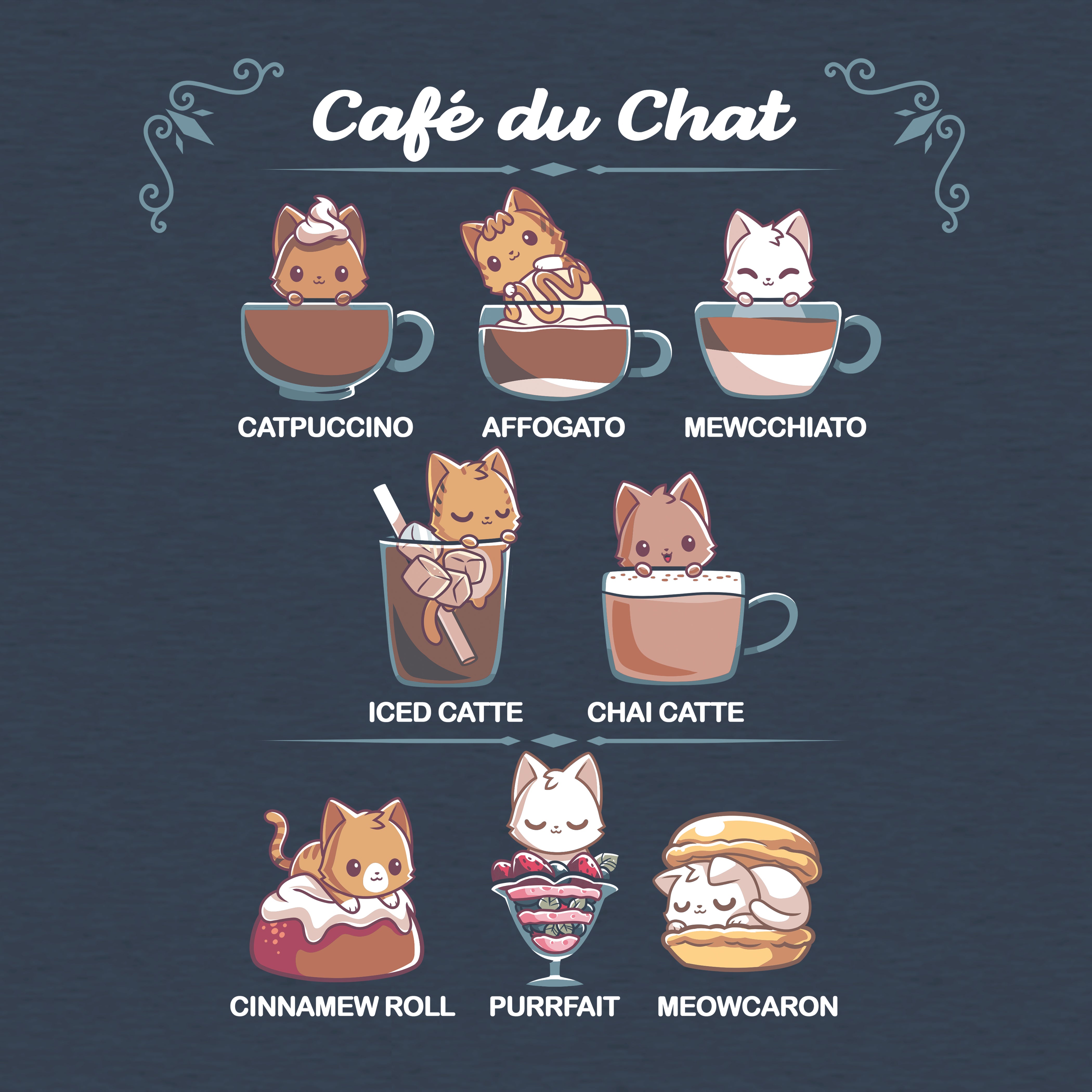 Classic Cotton T-shirt_TeeTurtle Cafè Du Chat heather navy t-shirt featuring a menu titled 