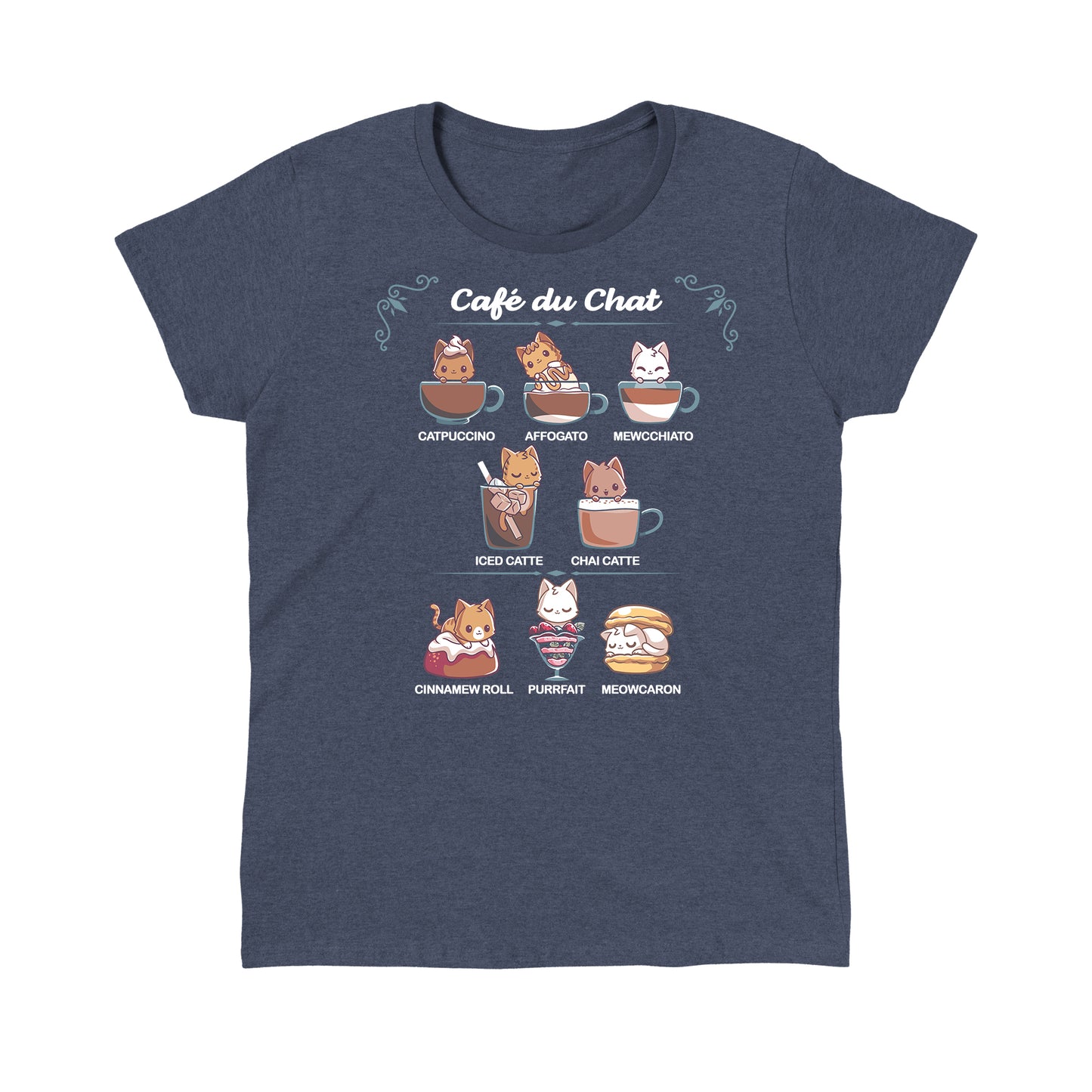 Classic Cotton T-shirt_TeeTurtle Cafè Du Chat heather navy t-shirt featuring a menu titled "Café du Chat" featuring cats in different beverages and desserts: Catpuccino, Affogato, Mewcchiato, Iced Catte, Chai Catte, Cinnamew Roll, Purrfait, and Meowcaron.