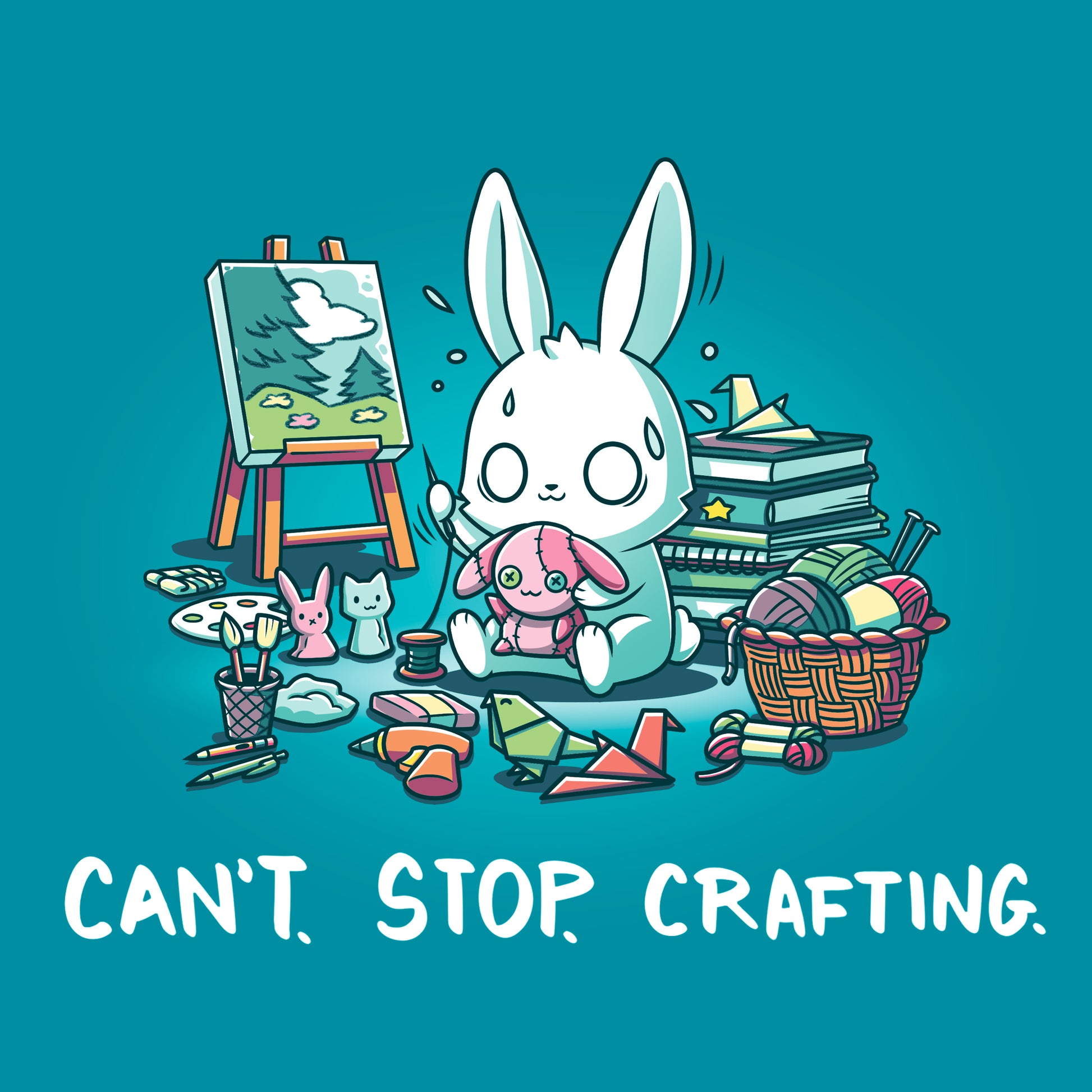 Classic Cotton T-shirt_TeeTurtle Can't. Stop. Crafting. tropical blue t-shirt featuring an illustration of a white rabbit with large, expressive eyes, and sweat droplets coming from its head sewing a small pink bunny surrounded by crafting materials like balls of yarn in a woven basket, paint pallets and brushes,  origami birds and other shapes, sewing thread, small stuffed animals, books stacked high, craft knives, and other crafting supplies, with the text "CAN'T. STOP. CRAFTING." at the bottom.