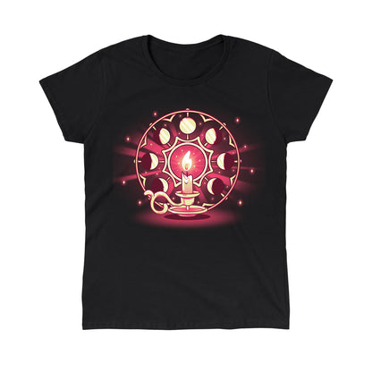 Classic Cotton T-shirt_TeeTurtle Candlelit Orbit black t-shirt featuring a lit candle on a holder in front of a circular arrangement depicting the lunar cycle, with glowing stars in the background. 