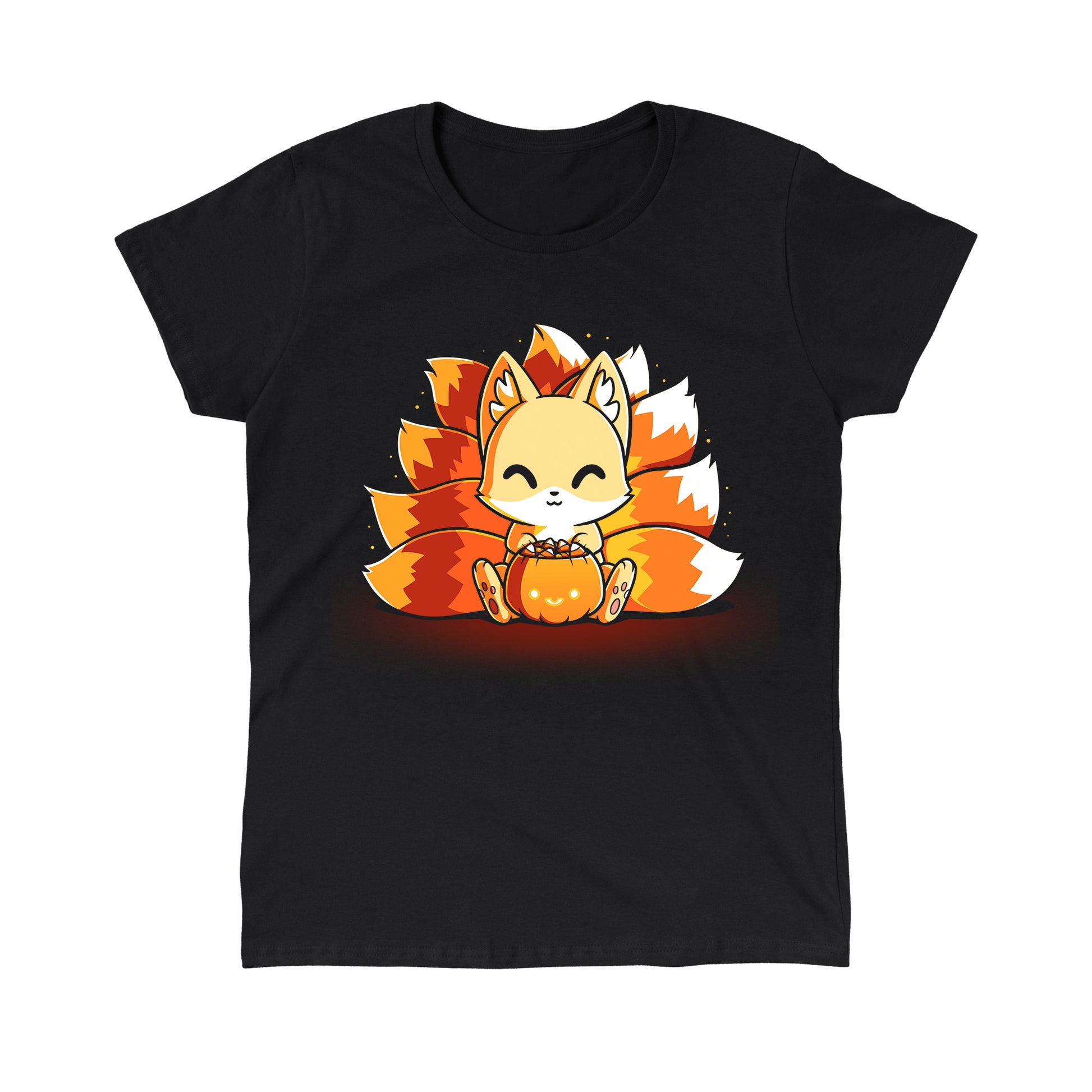 Classic Cotton T-shirt_TeeTurtle Candy Corn Kitsune black t-shirt featuring a happy kitsune holding a Halloween jack-o-lantern full of candy corn.