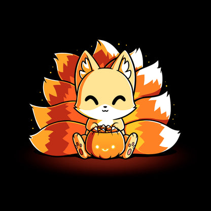 Long Sleeve T-shirt_TeeTurtle Candy Corn Kitsune black t-shirt featuring a happy kitsune holding a Halloween jack-o-lantern full of candy corn.